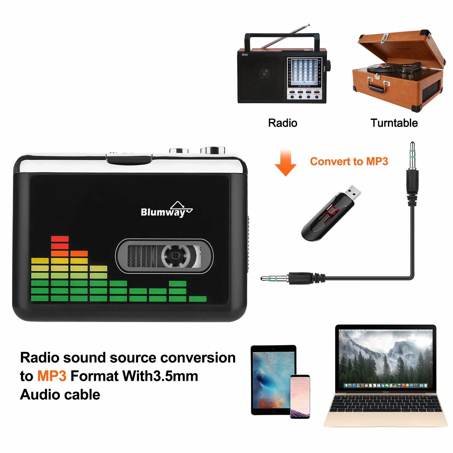 BlumWay Convertitore da cassette a MP3 tramite unità USB, convertitore di cassette digitale Audio Music Tape con auricolare