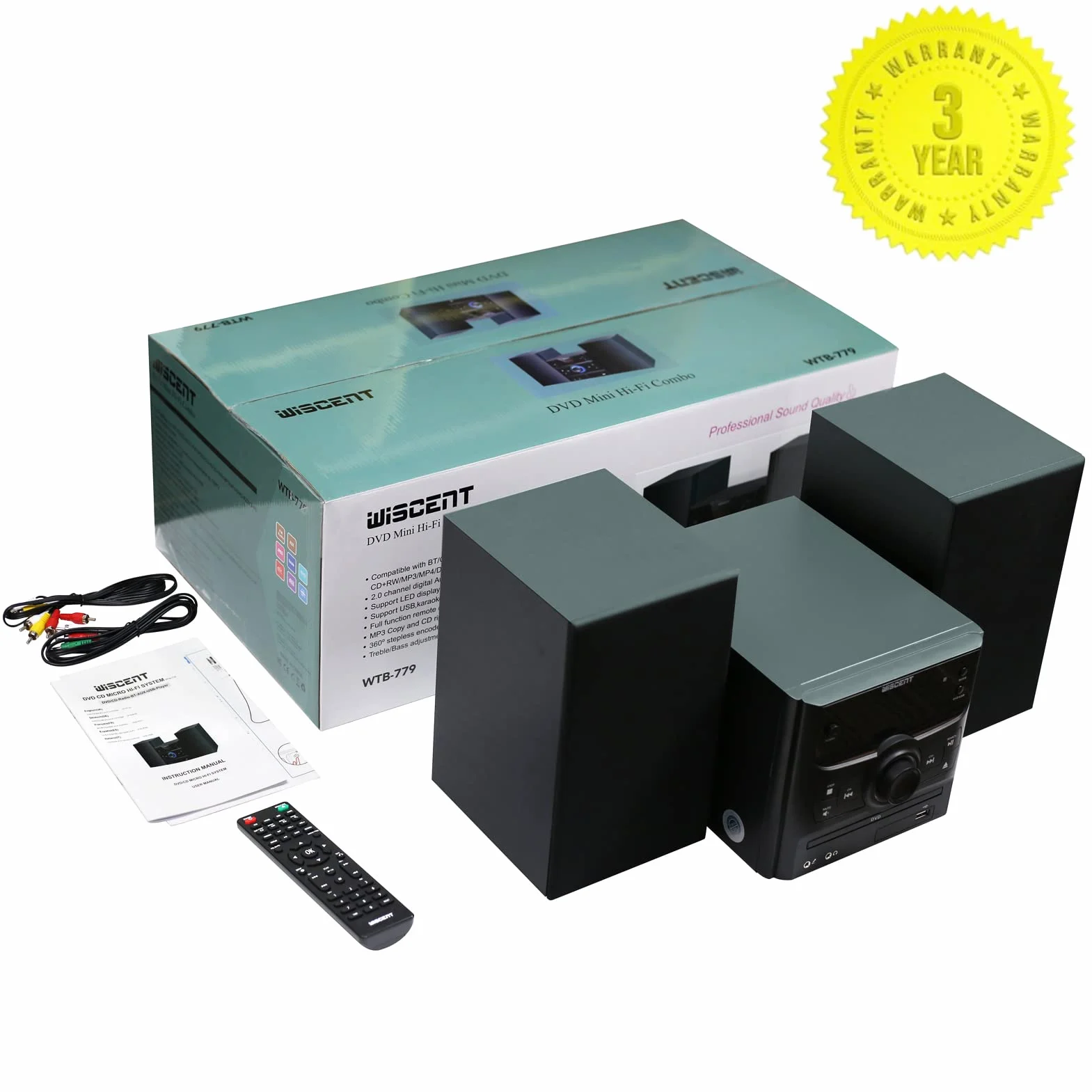 WISCENT Bluetooth Micro HiFi System, Lettore CD DVD Radio FM USB MP3 AUX Mic 30W