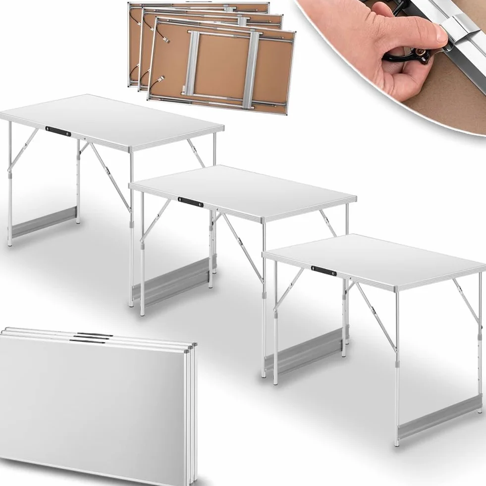 BAKAJI Set 3 Tavoli Pieghevole Multifunzione per Esterno, Tavolini con 4 Altezze Regolabili e Maniglia per Trasporto, Tavolo Campeggio Regolabile per Pic Nic, Esterni, Camping, Portata 30 Kg (Bianco)
