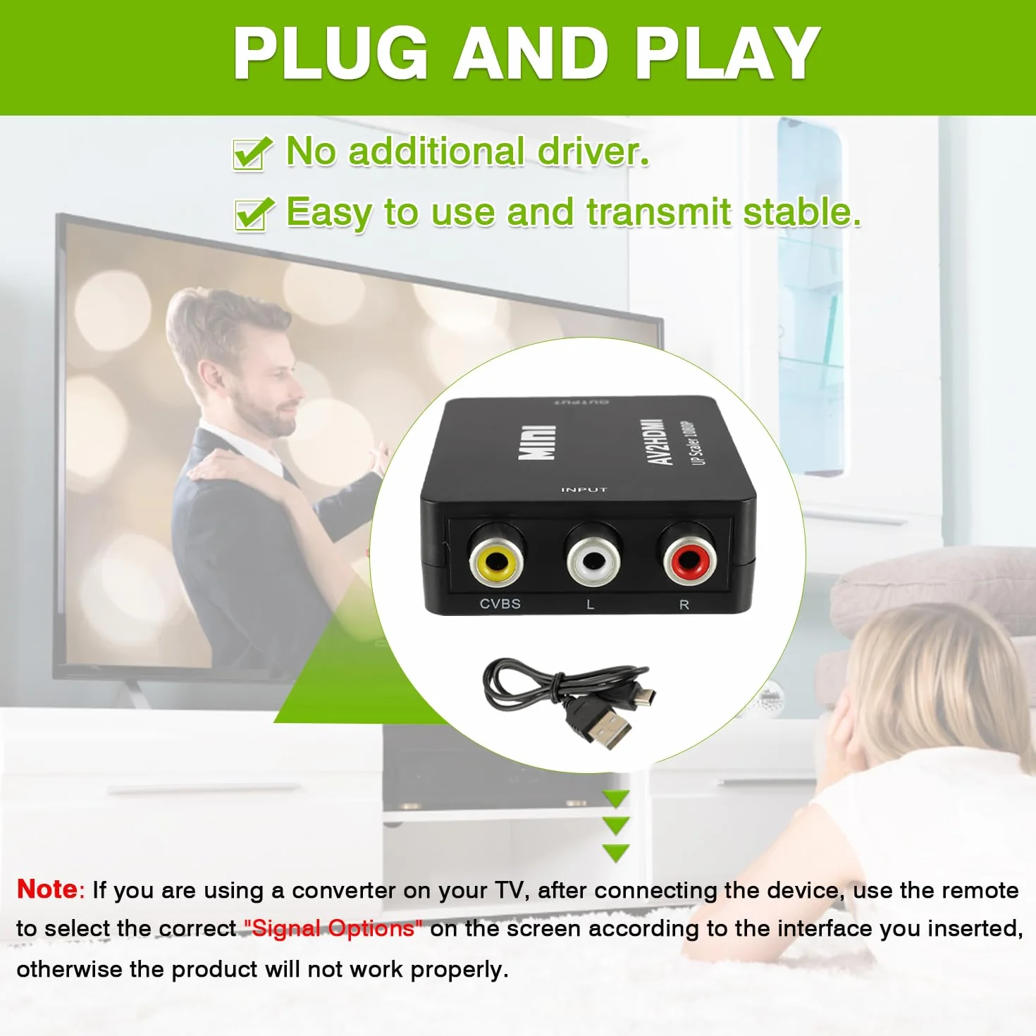 Konwerter RCA na HDMI 1080P Mini Composite CVBS Audio Video PAL/NTSC USB Czarny