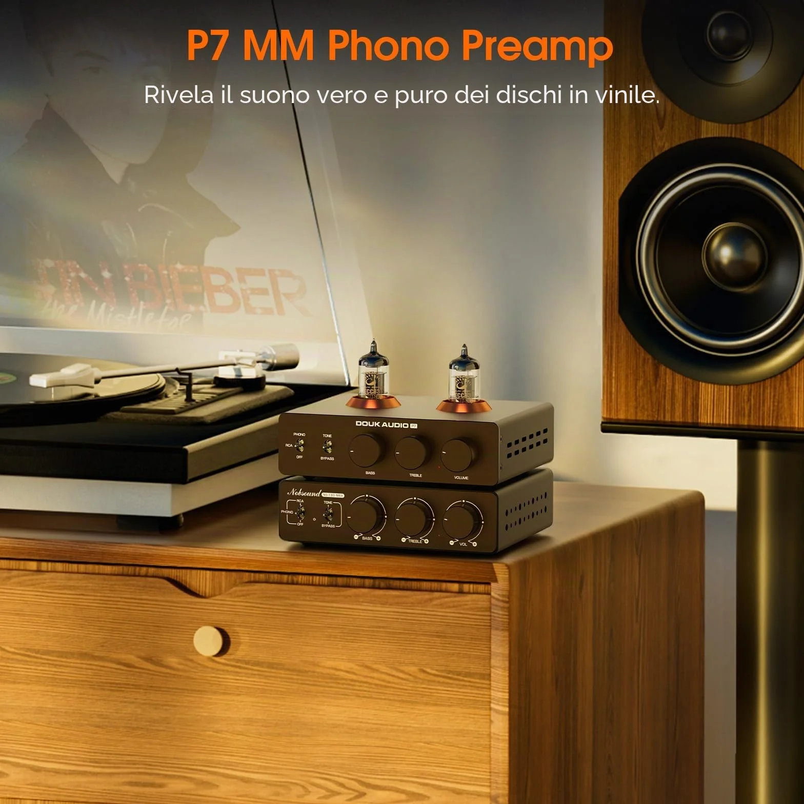 Douk Audio P7 ECC83 Tube Phono Preamplifier XLR Balanced Output High Pass Filter Bass Treble Control MM Turntable
