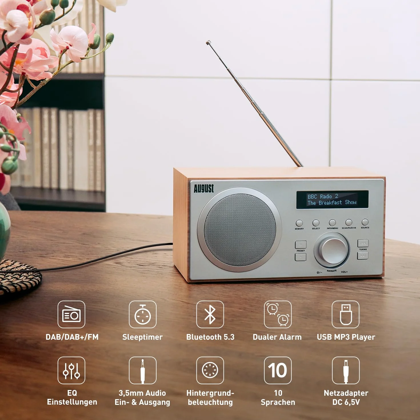 August MB420 Radio DAB/DAB+/FM, Radiosveglia Bluetooth, Subwoofer 5W, USB/Aux - Quercia