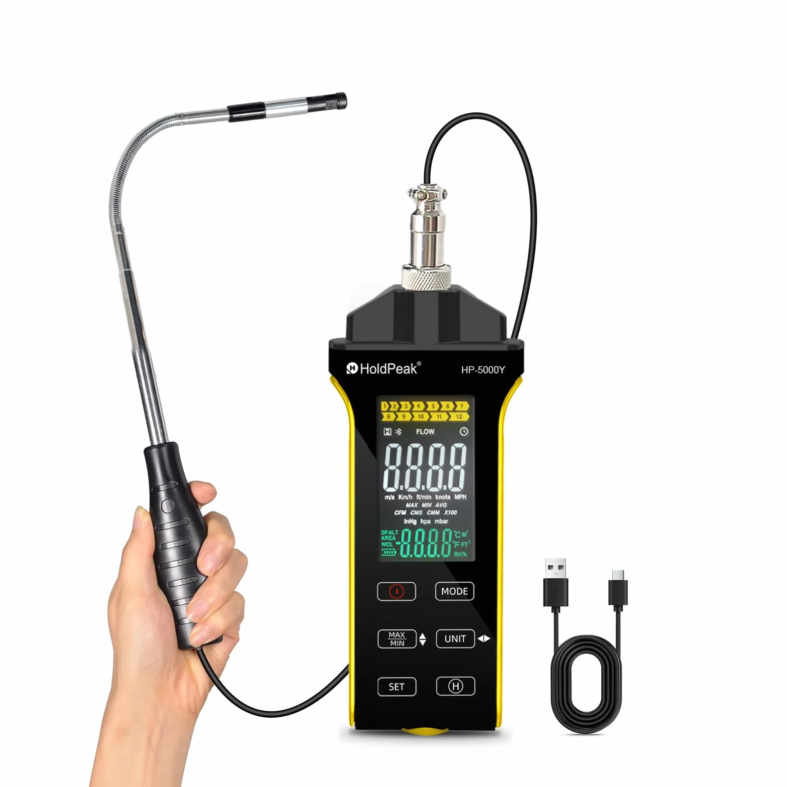 HOLDPEAK Anemometri professionale a filo caldo - Misuratore digitale preciso della velocità del vento per CFM/CMM, con misurazione della temperatura, sonda telescopica, display illuminato ed