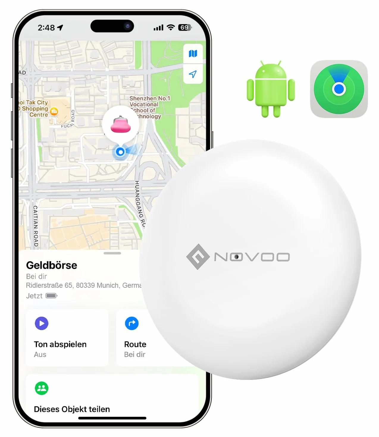 NOVOO Smart Wallet Tracker Tag per Apple & Google Find My, Bluetooth Localizzatore con Allarme 80dB, Batteria Sostituibile