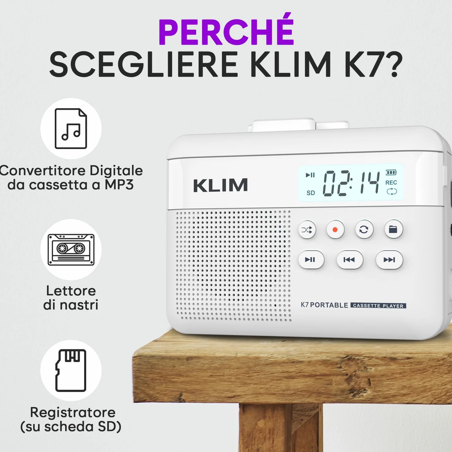 K7 Cassette Player Convertitore Cassette MP3 Lettore Audio Portatile Microfono Altoparlante Incorporati Batteria Ricaricabile Scheda SD 16 GB Bianco