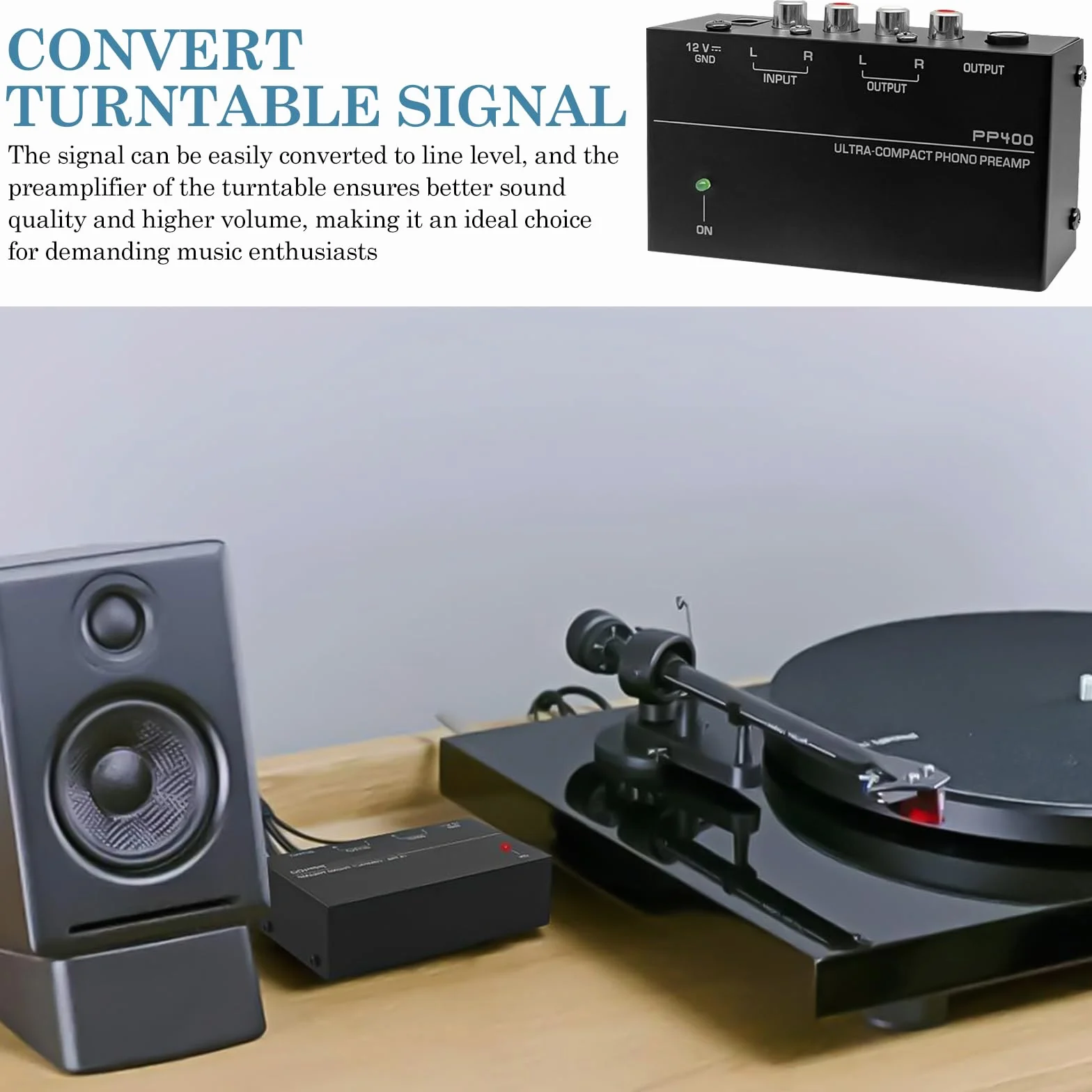 Preamplificatore Phono MM, Ingresso e Uscita RCA, Alimentazione DC 12V