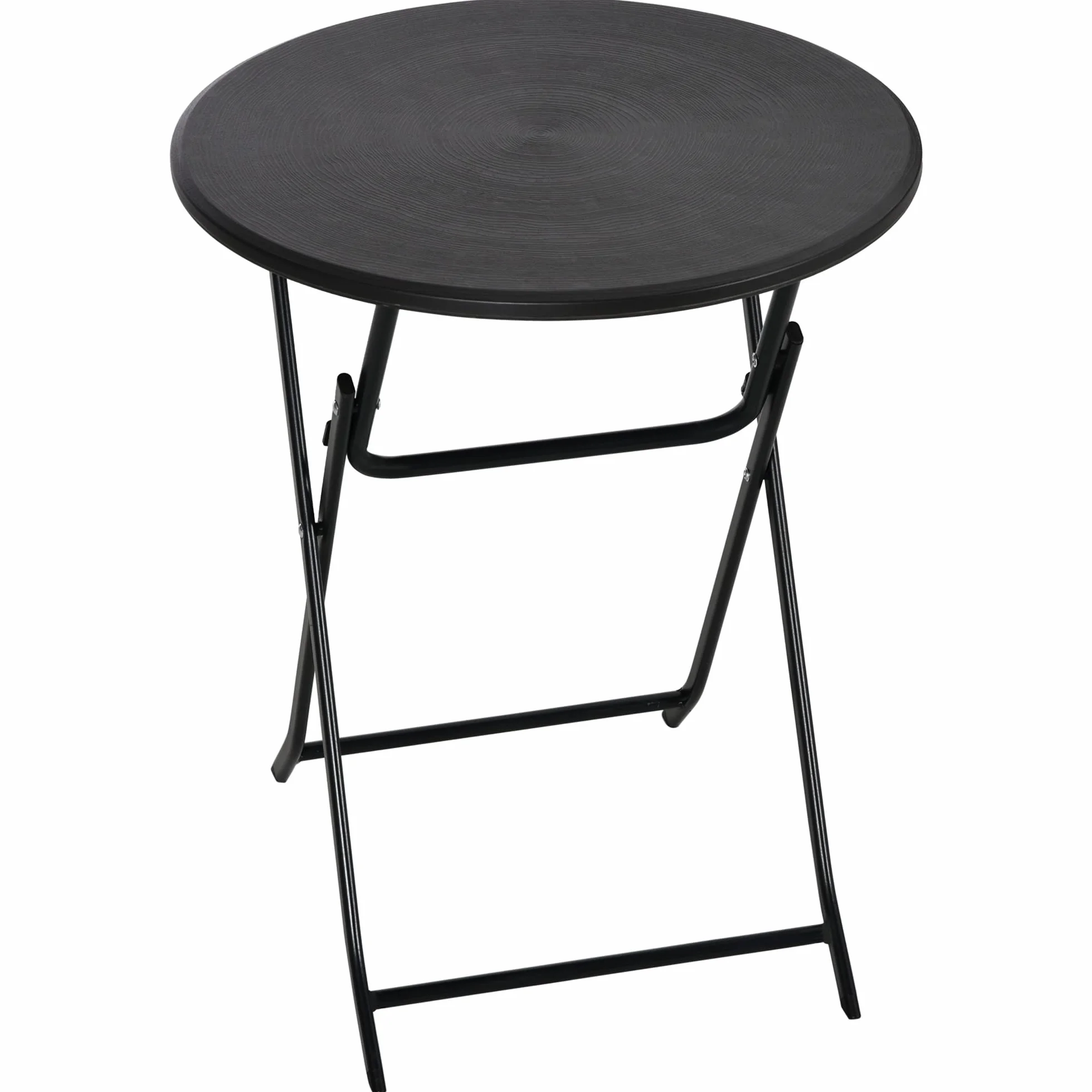 Outsunny Tavolo da Giardino Rotondo, Tavolo da Pranzo Pieghevole per Balcone e Terrazza con Piano Effetto Legno, Tavolino da Caffè in Acciaio e HDPE, Ø60x73 cm, Grigio Scuro