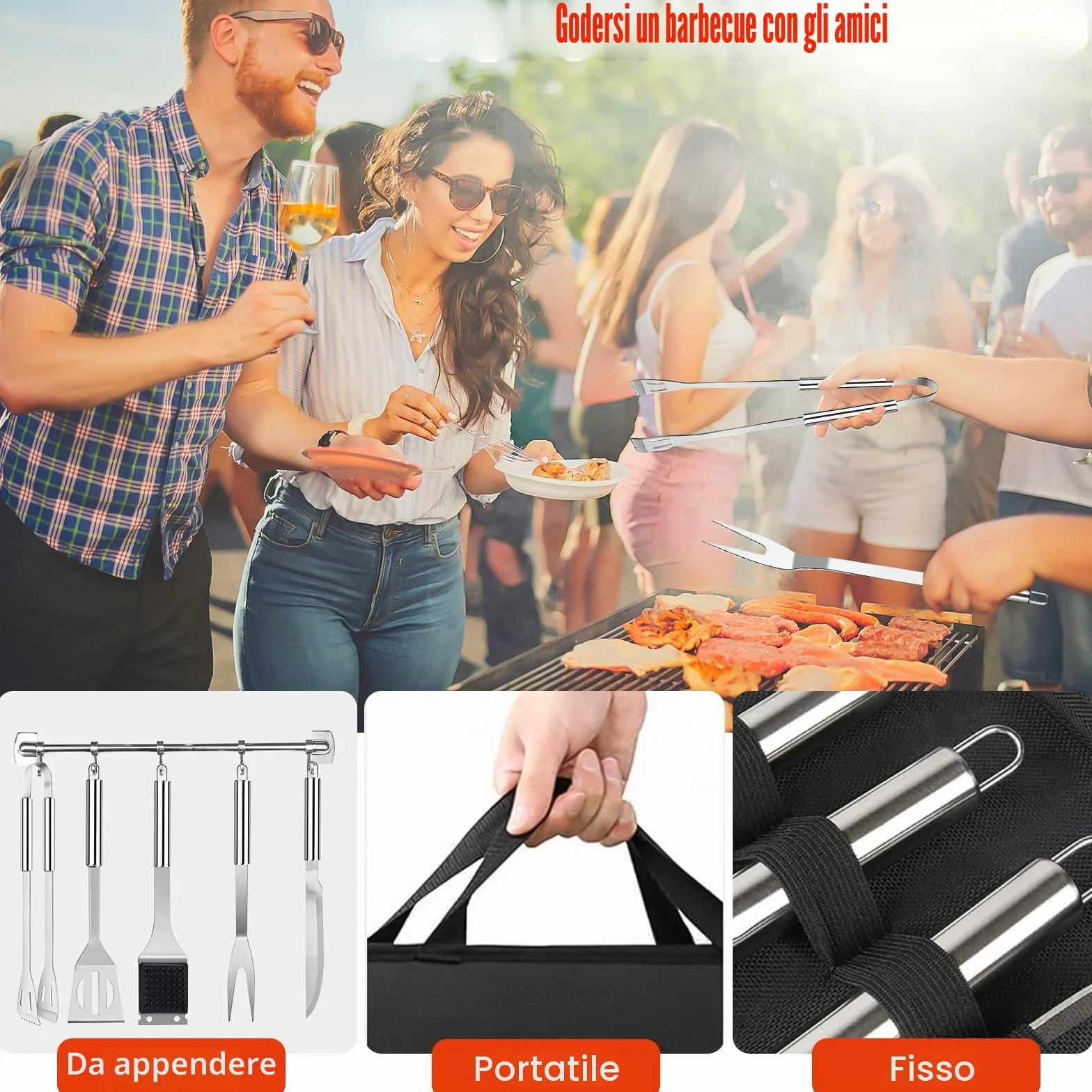 27Pcs Set per Barbecue in Acciaio Inossidabile, Set di Posate da Grill Professionali, Accessori per Barbecue, con Borsa da Trasporto, per Campeggio, Picnic, Giardino, Escursionismo