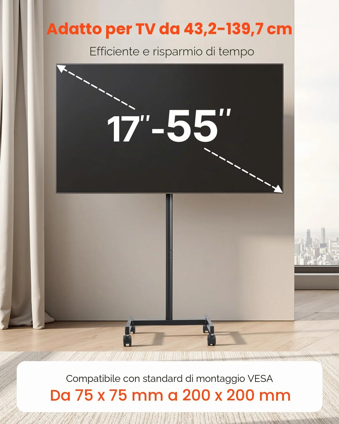 VEVOR Supporto TV da Pavimento per Schermo Piatto Curve 431,8-1397 mm, Carrello Porta TV Carico max. 20 kg, VESA 200 x 200 mm