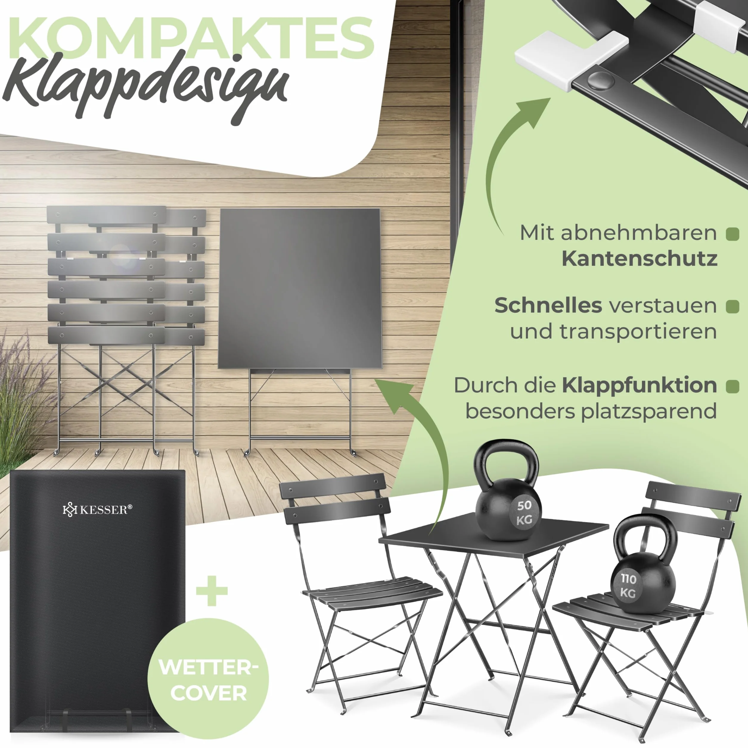 KESSER® Set da bistrò, 3 pezzi, con tavolo da bistrot e 2 sedie pieghevoli, mobili da giardino esterni, resistente ai raggi UV e alle intemperie, set da balcone
