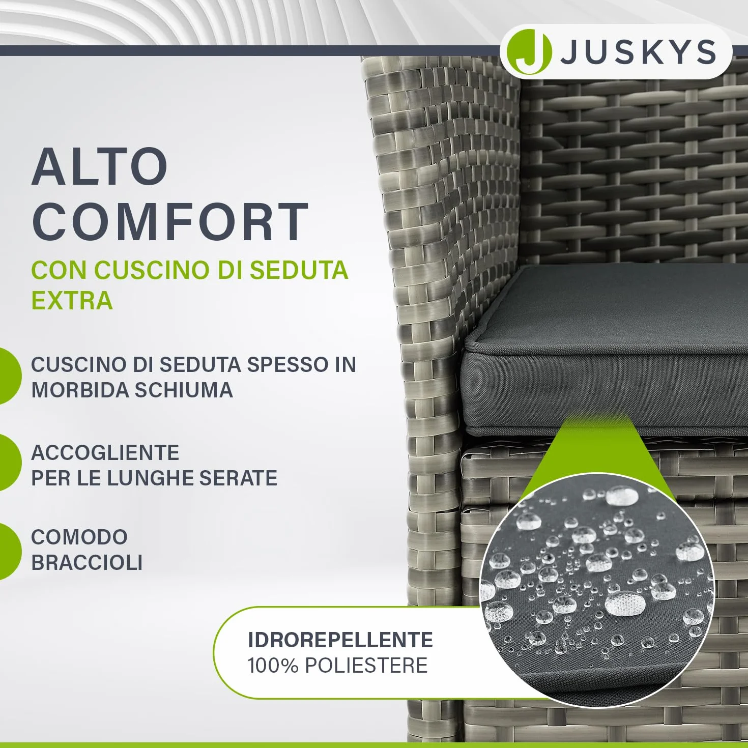 Juskys panca da giardino Monaco in polyrattan – 2 posti con tavolo e cuscini – 133×63×84 cm – resistente alle intemperie per balcone e terrazza – grigio melange