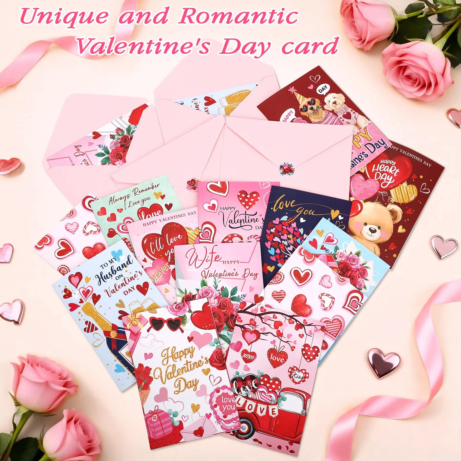 48 Biglietti di San Valentino 12 Design Unici con Adesivi e Buste Rosa 4x6in Cartolina per Marito Moglie Famiglia