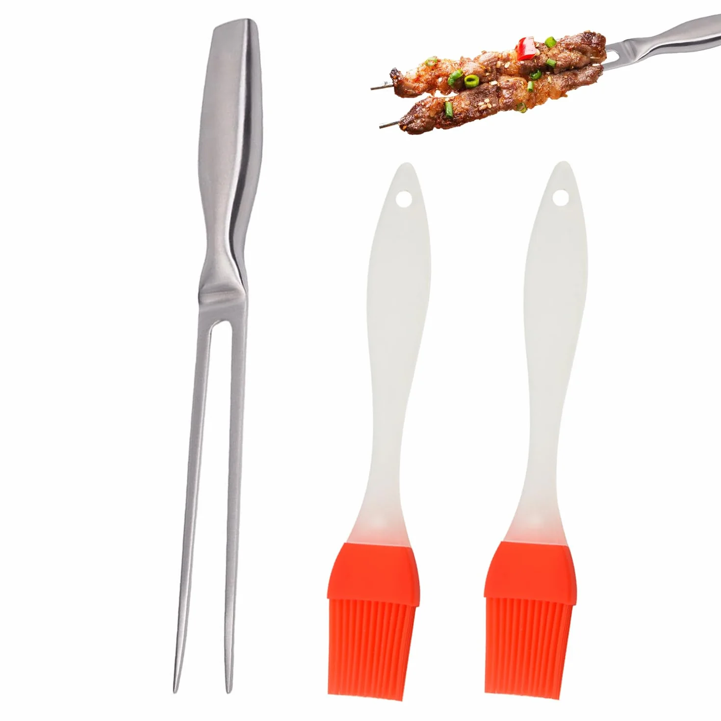 1 Pezzo Di Forchetta Per Grill E 2 Pezzi Di Spazzola Ad Olio, Forchetta Grill Fatta In Acciaio Inossidabile, Strumento Di Cottura, Forchetta Per Alimenti, Forcella Per Permanente Grill