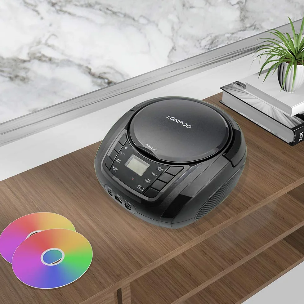 Lettore CD Portatile LONPOO Boombox Stereo Bluetooth con Altoparlanti Integrati, Ingresso USB, AUX, Uscita Cuffie (Black)