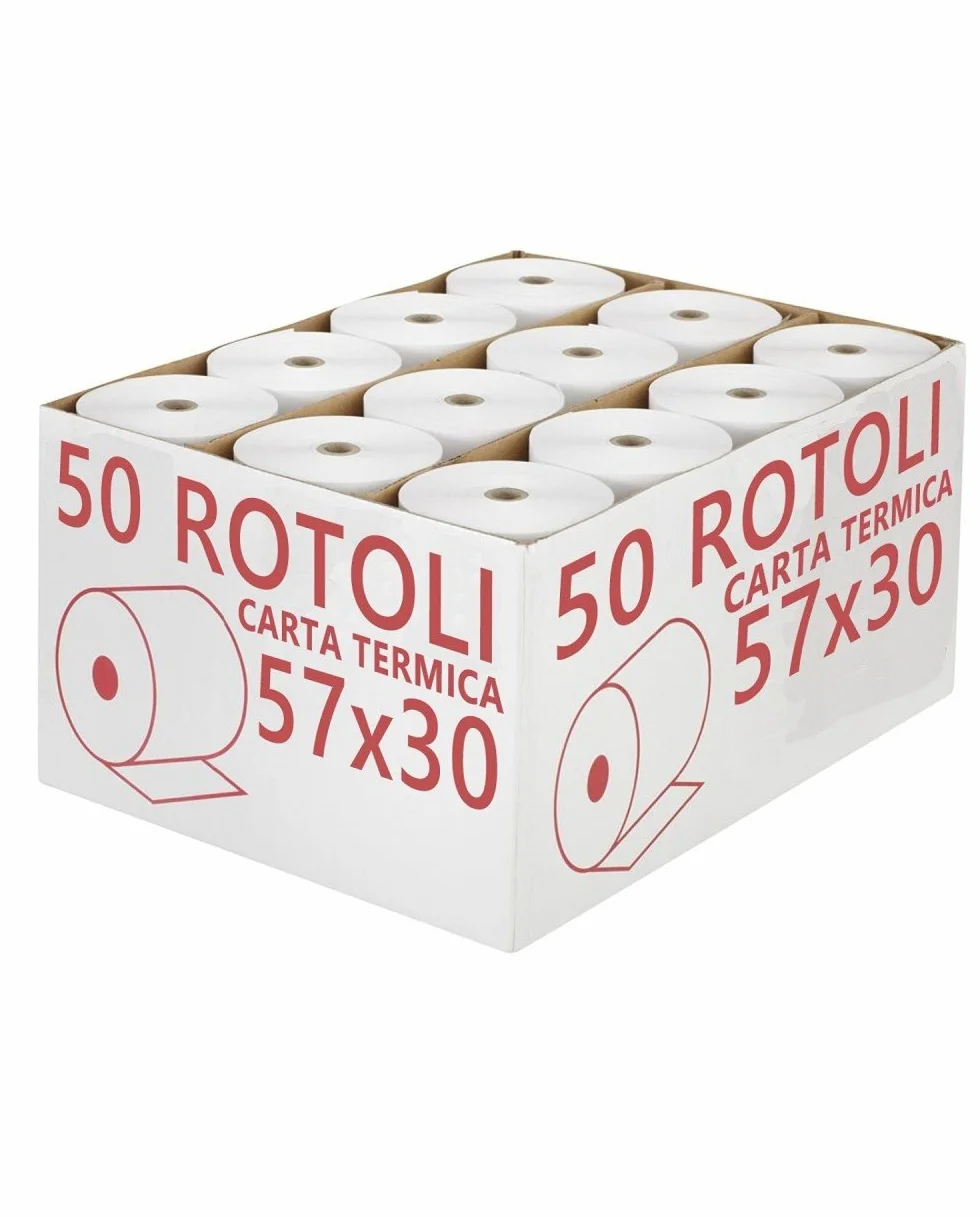 Rotoli Termici 57x30 mm 50 Confezione Carta Termica per Registratore di Cassa