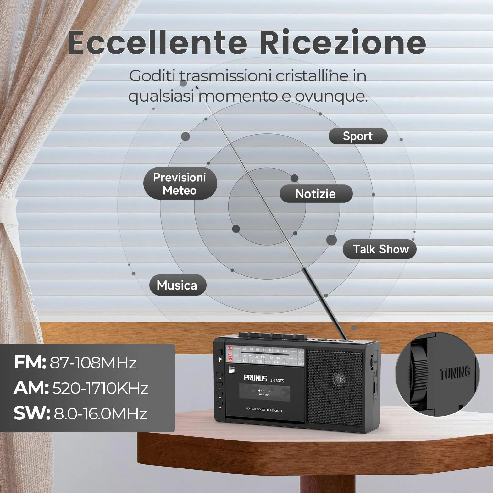 PRUNUS J-360 Radio Cassette AM/FM/SW Portatile con Bluetooth, Solare/Batteria Ricaricabile, Torcia, USB, TF Card