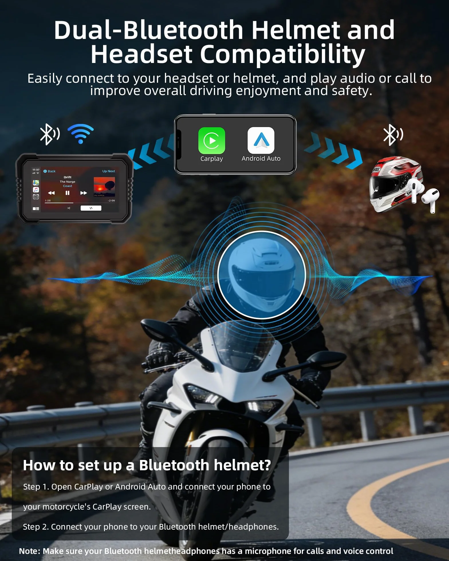 Motorcycle Carplay Android Auto 4K Dashcam 6.25" Double Camera Bluetooth IP67 GPS Navigation 64GB