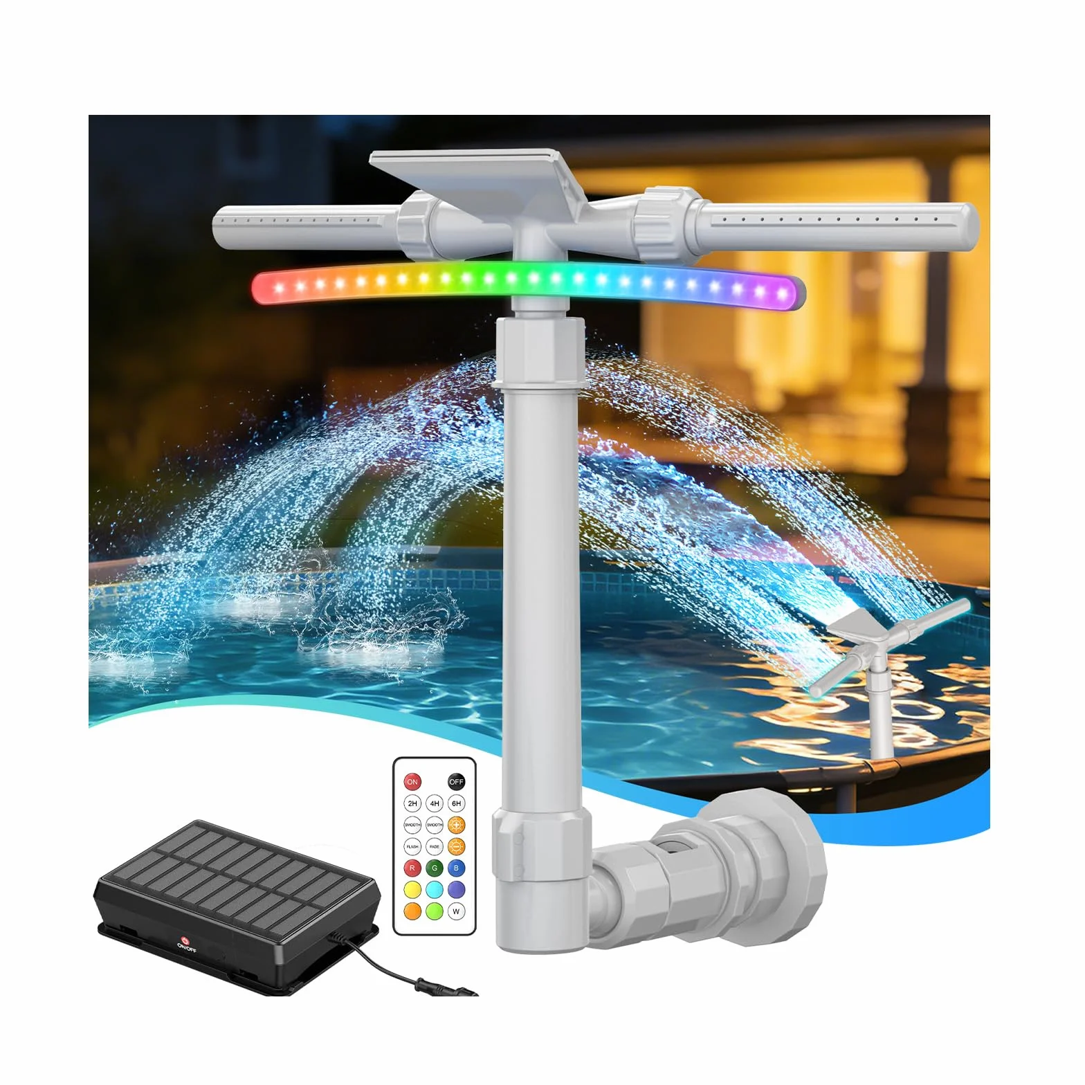 Cascata per Piscina Fuori Terra e Interrata con Luci LED Solari - Fontana a Doppia Testa 2 in 1 Regolabile, Raffredda l'Acqua 5-11°C, Telecomando, Accessorio per Piscine Intex