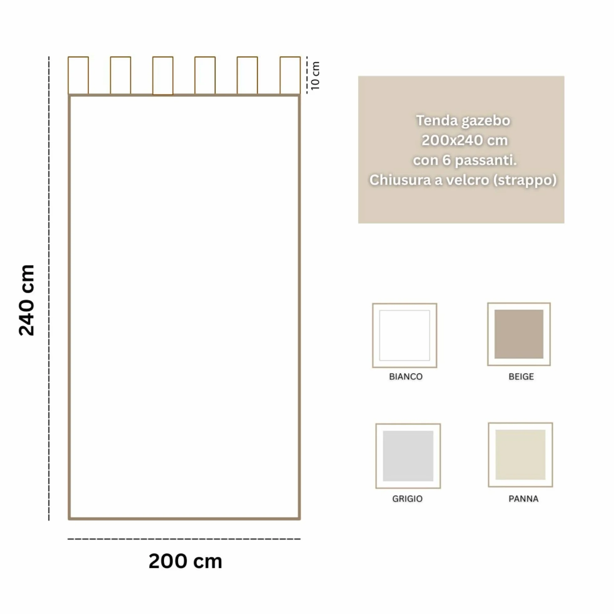 Morbidissimi Tenda Gazebo Idrorepellente e Resistente, Tenda Da Esterno 200x240 cm per Gazebo, Dotata di Passanti con Chiusura a Strappo, 100% Made in Italy - Panna