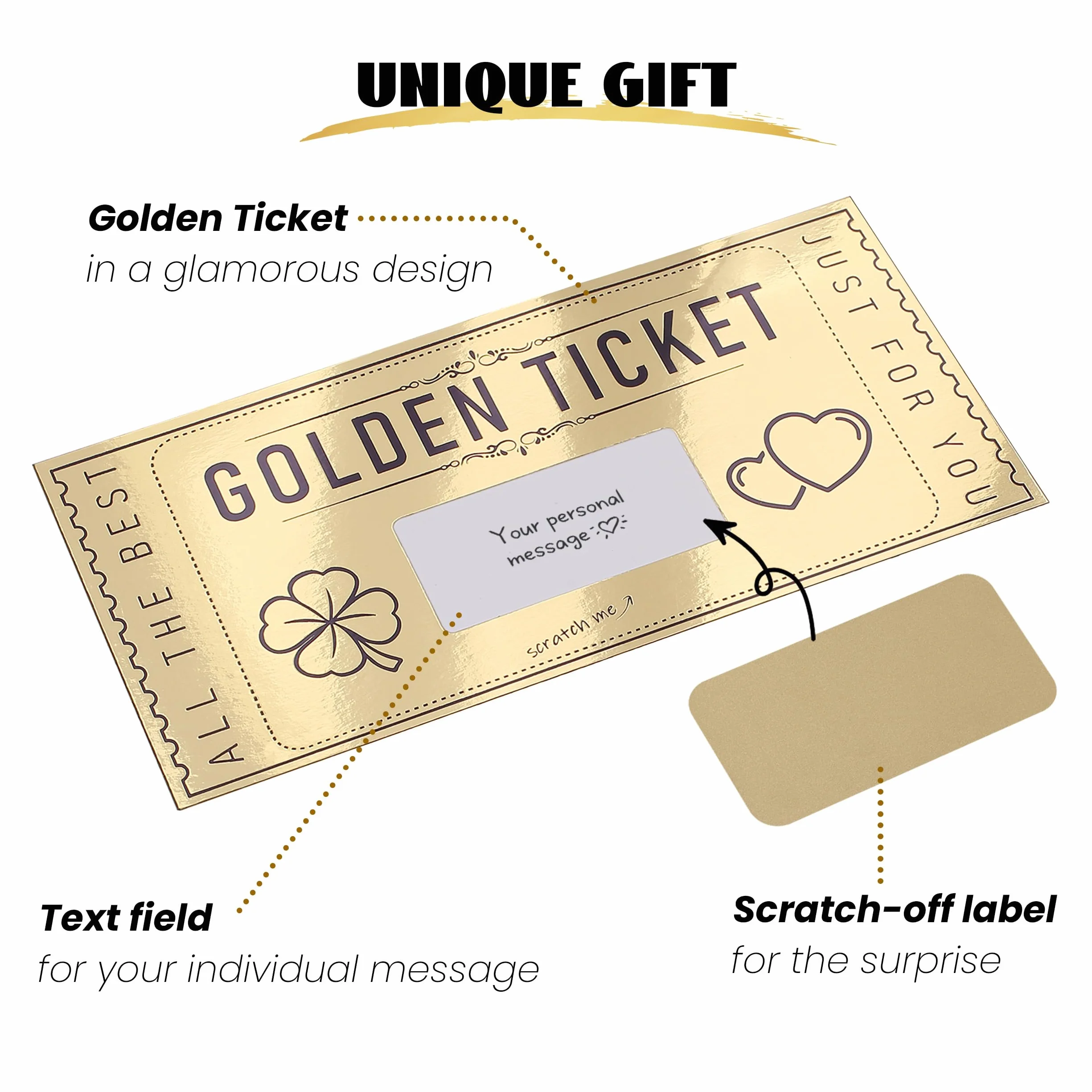 DasWas 2 Biglietti D'oro Voucher, Buoni Regalo da Grattare, Regalo Personalizzato in Busta Scintillante