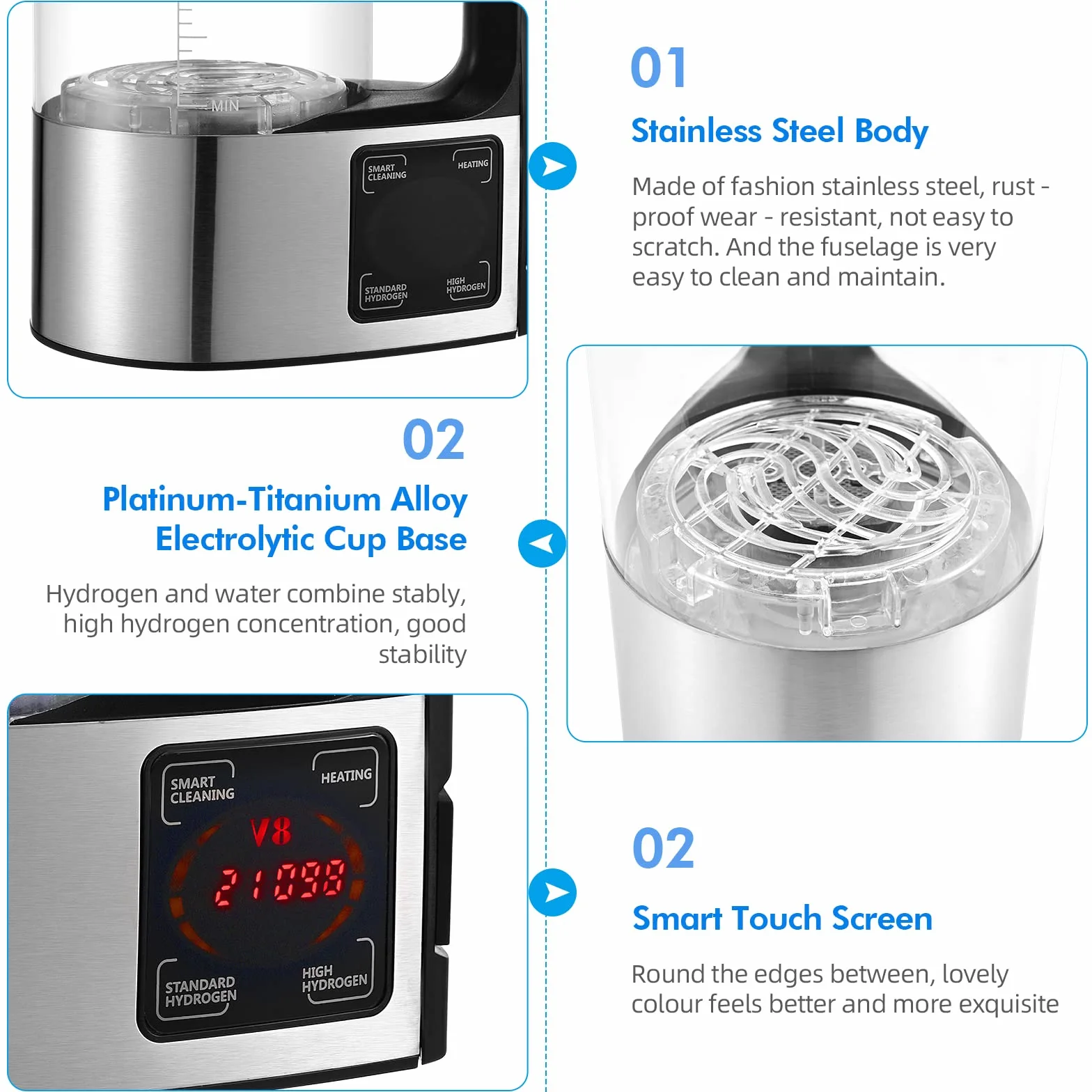 Generatore di acqua a idrogeno 2L con tecnologia SPE e PEM, versione migliorata Generatore di idrogeno ricco di idrogeno con schermo LED touch e termostato Hydrogen Water Lonizer per la casa