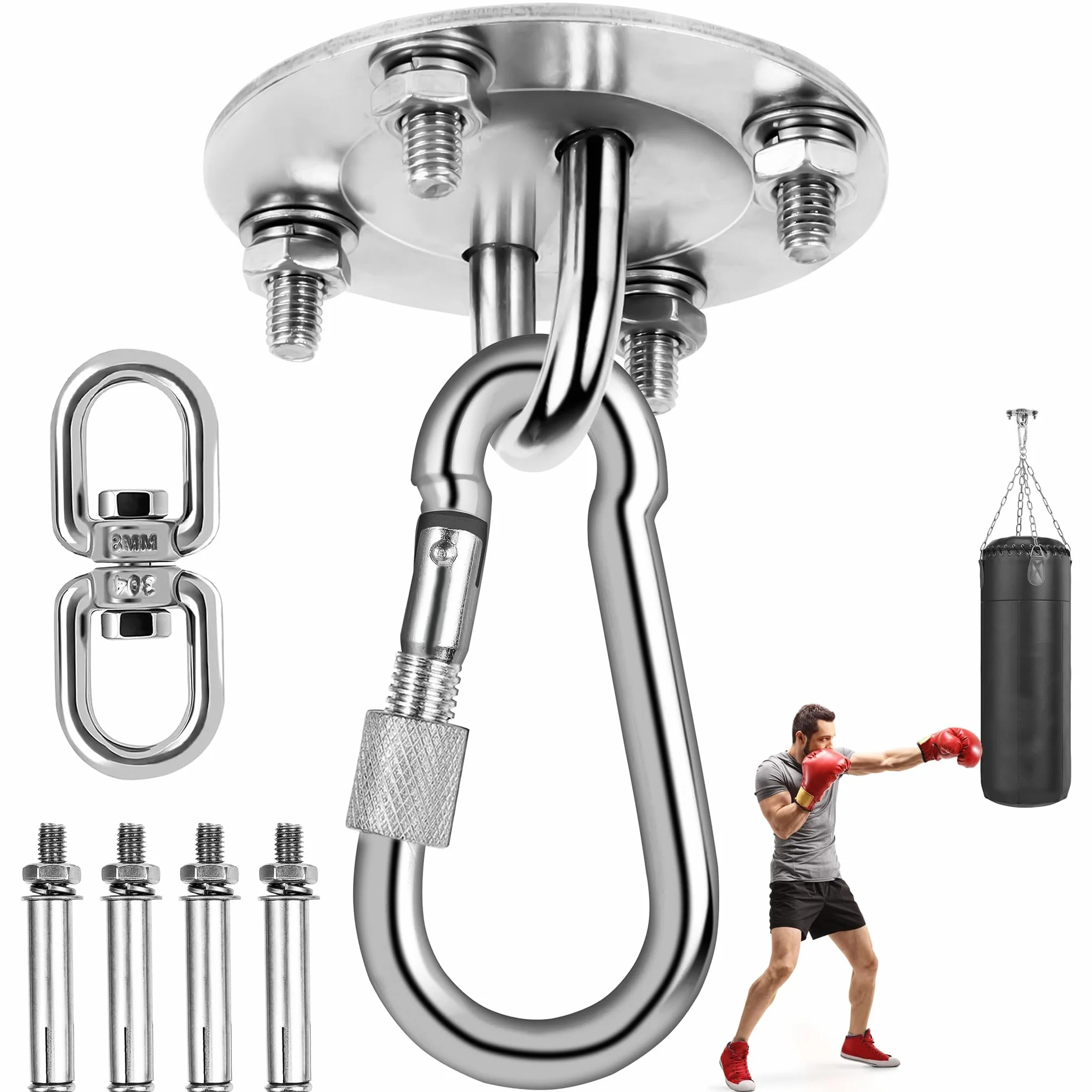 Gancio da Soffitto Acciaio Inossidabile 400 kg Anello M8 360° Rotazione per Sacco da Boxe