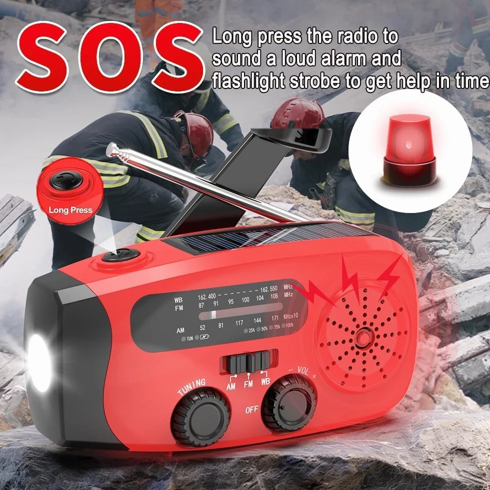 Radio Solare a Carica Manuale AM/FM Portatile con Torcia LED e Power Bank 2000mAh