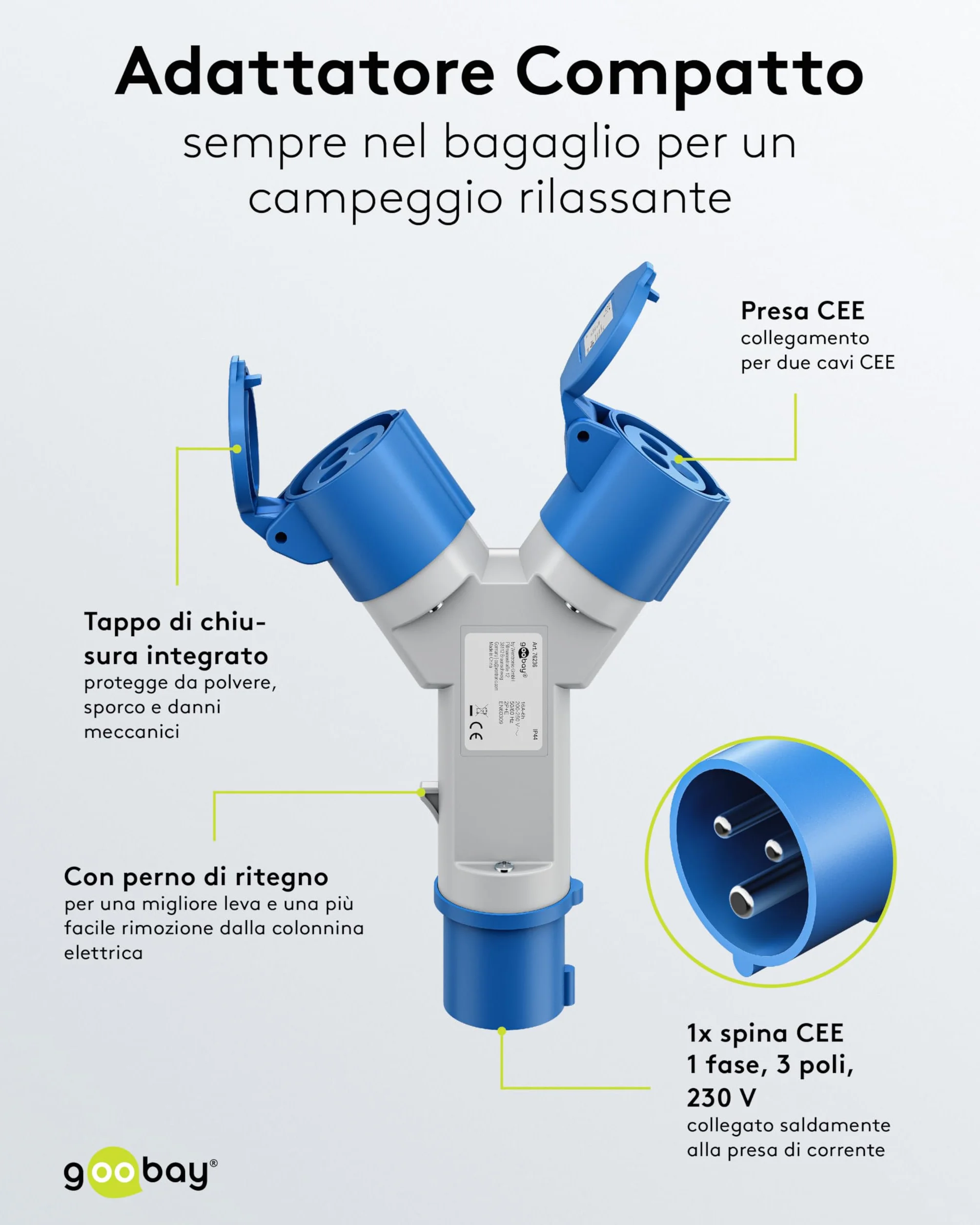 goobay Adattatore CEE per caravan, spina CEE a 2 prese CEE, portatile, con copertura protettiva, impermeabile IP44, 76236