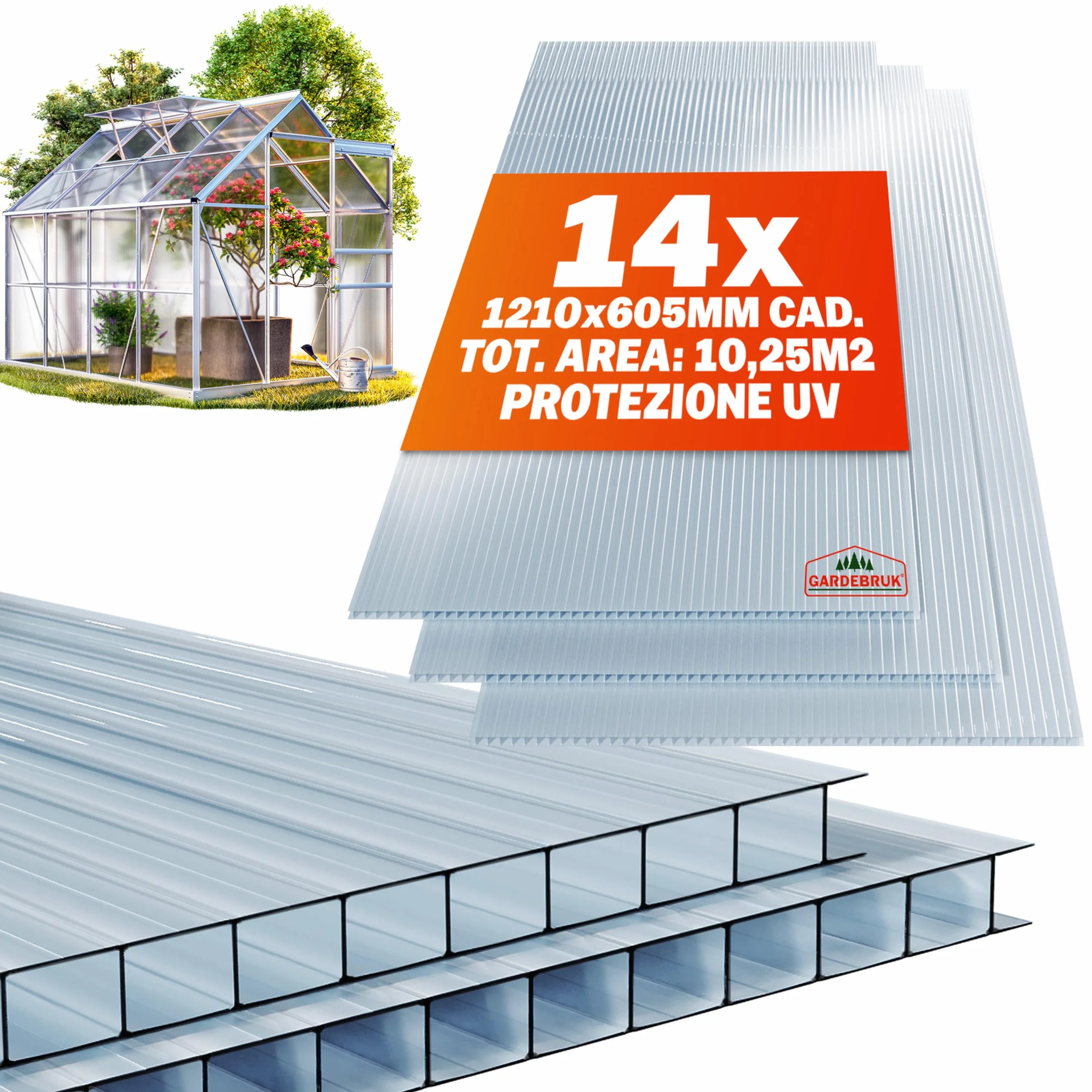GARDEBRUK® 14 Fogli Policarbonato Alveolari 4mm 121x60,5cm 10,3m² Pannelli Copertura Tettoia