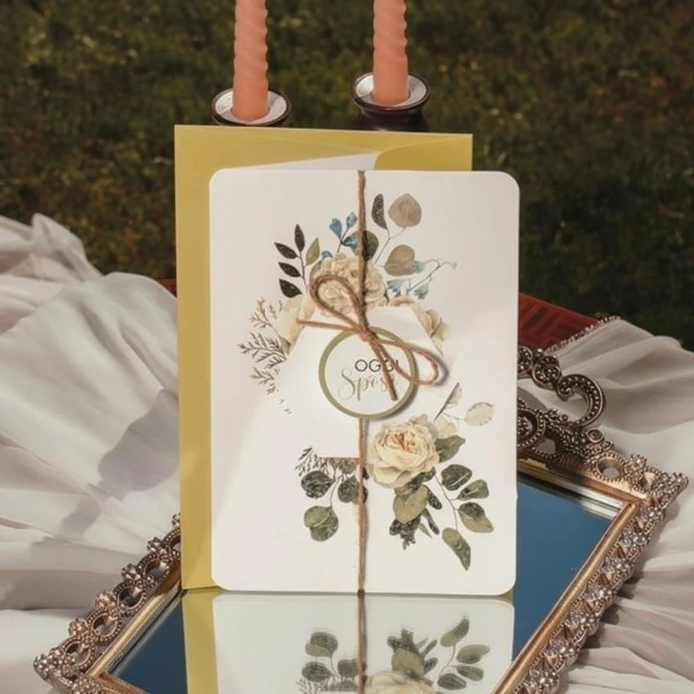 LINA OFFICINE GRAFICHE CREATIVE Biglietto di Auguri per Matrimonio, Stile Elegante, con Applicazione e Cordoncino in Juta, Busta Dorata Inclusa, 11,5 x 16,5 cm