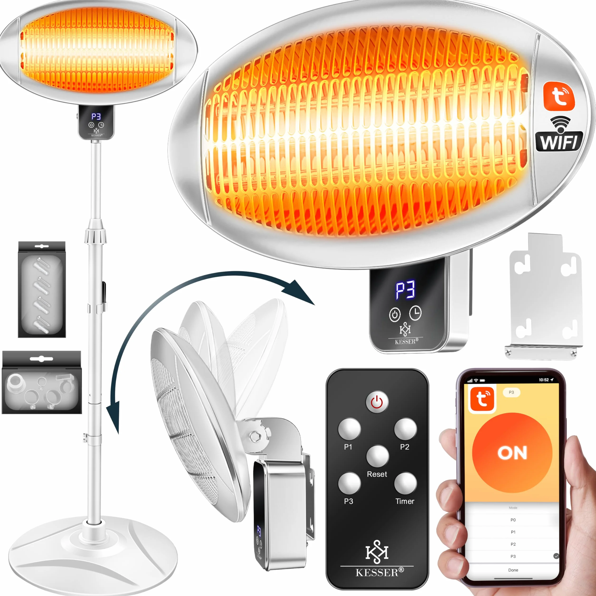KESSER® Radiatore a Infrarossi 2000W con WIFI e Telecomando 360° Girevole, IPX4