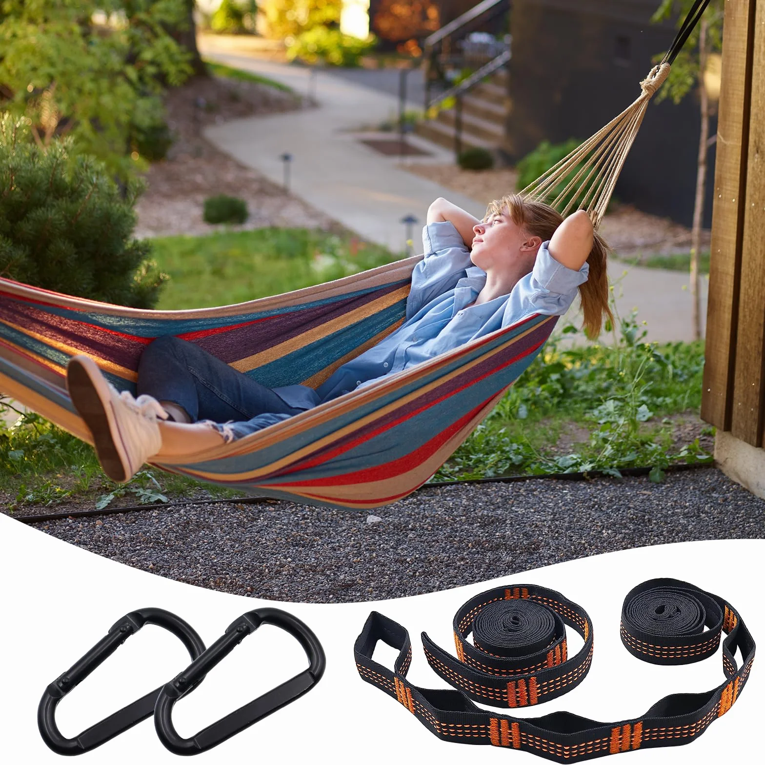 CONNECTION 2 Pezzi Cinghie per Amaca da Campeggio 2 m x 2.5 cm 300 kg con Moschettoni e Custodia