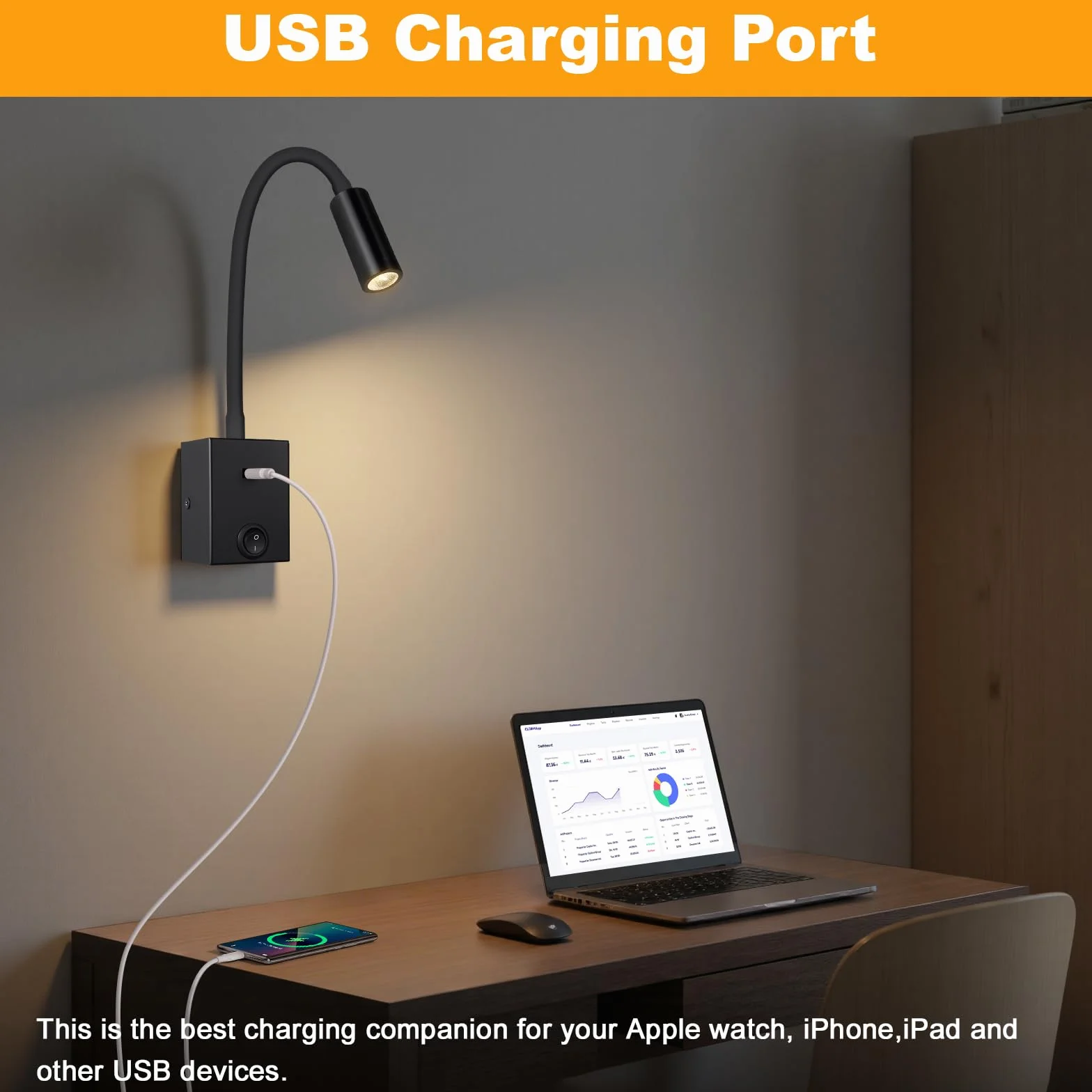 Lampada da Lettura a LED da Parete 3W con Collo d'oca Flessibile 360° USB 3000K Nero