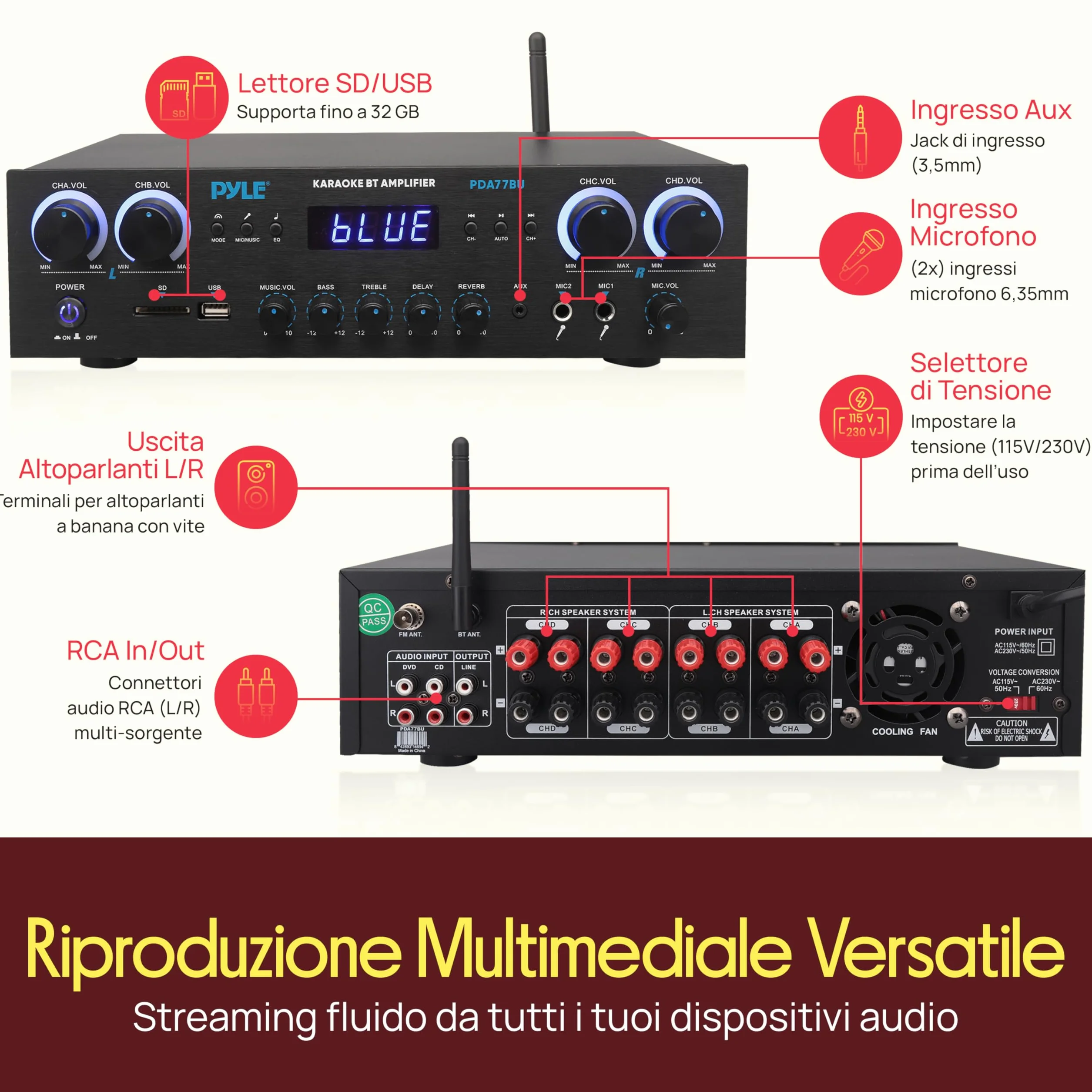 Pyle Amplificatore Audio 4 Canali Bluetooth 800 Watt Picco Home Theater Karaoke