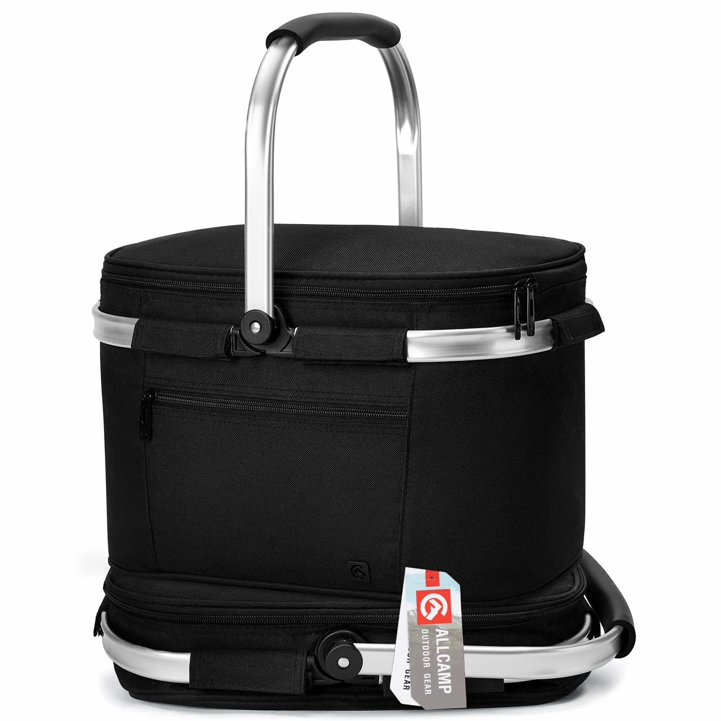 ALLCAMP Cestino Picnic Pieghevole - Cestino Per la Termico per Alimenti Freddi con Coperchio,Cestino Picnic Rimovibile,Cestino Termico con Telaio in Alluminio,Borsa Frigo Spesso（Piccolo-nero）
