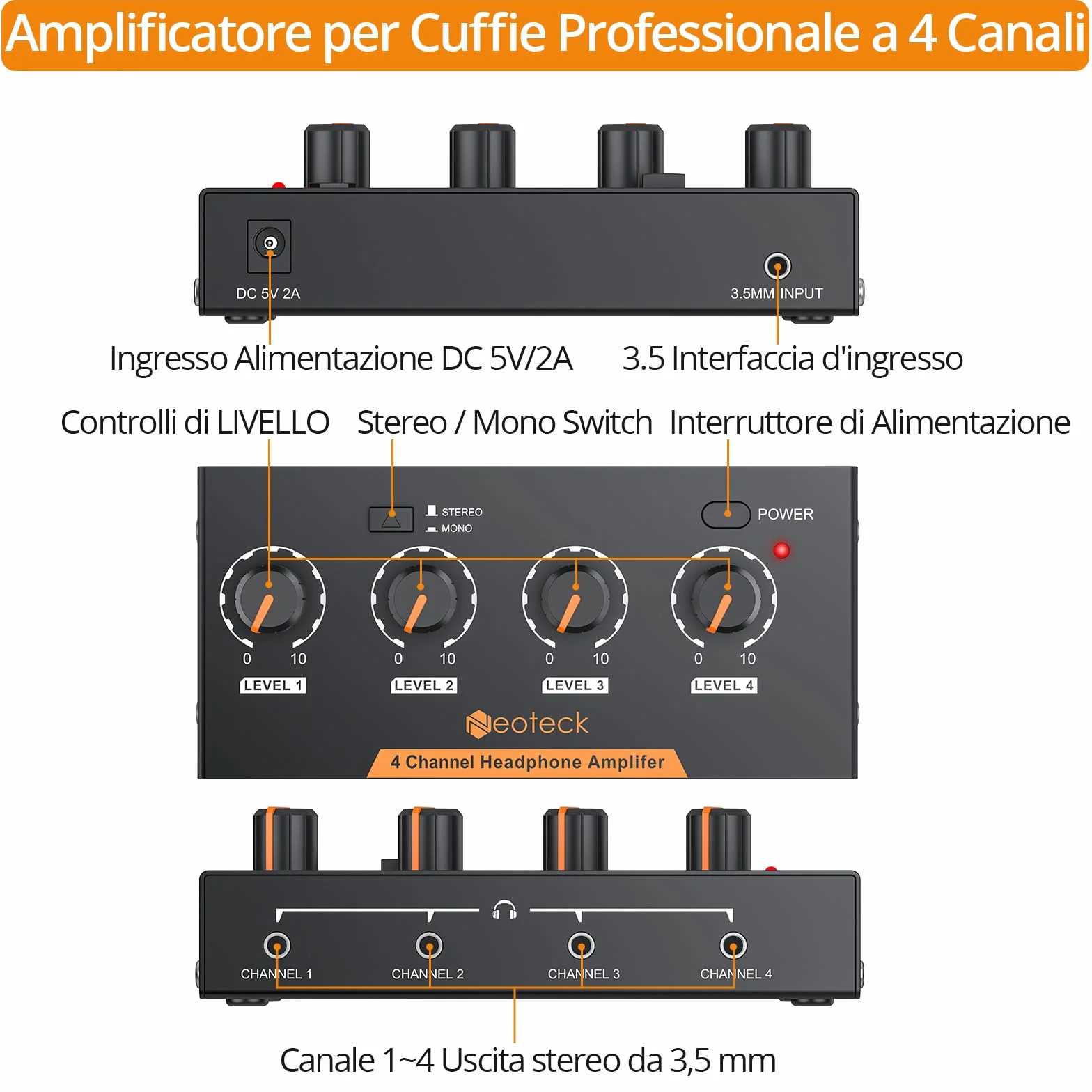 Neoteck Amplificatore per Cuffie 4 Canali Stereo Audio Mono/Stereo in Metallo con Cavo 3,5 mm