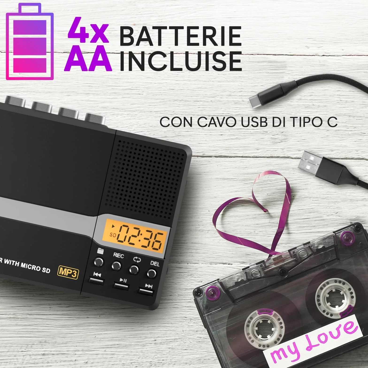 KLIM K10 Lettore Cassette Audio Portatile Registratore MP3 Convertitore Nero