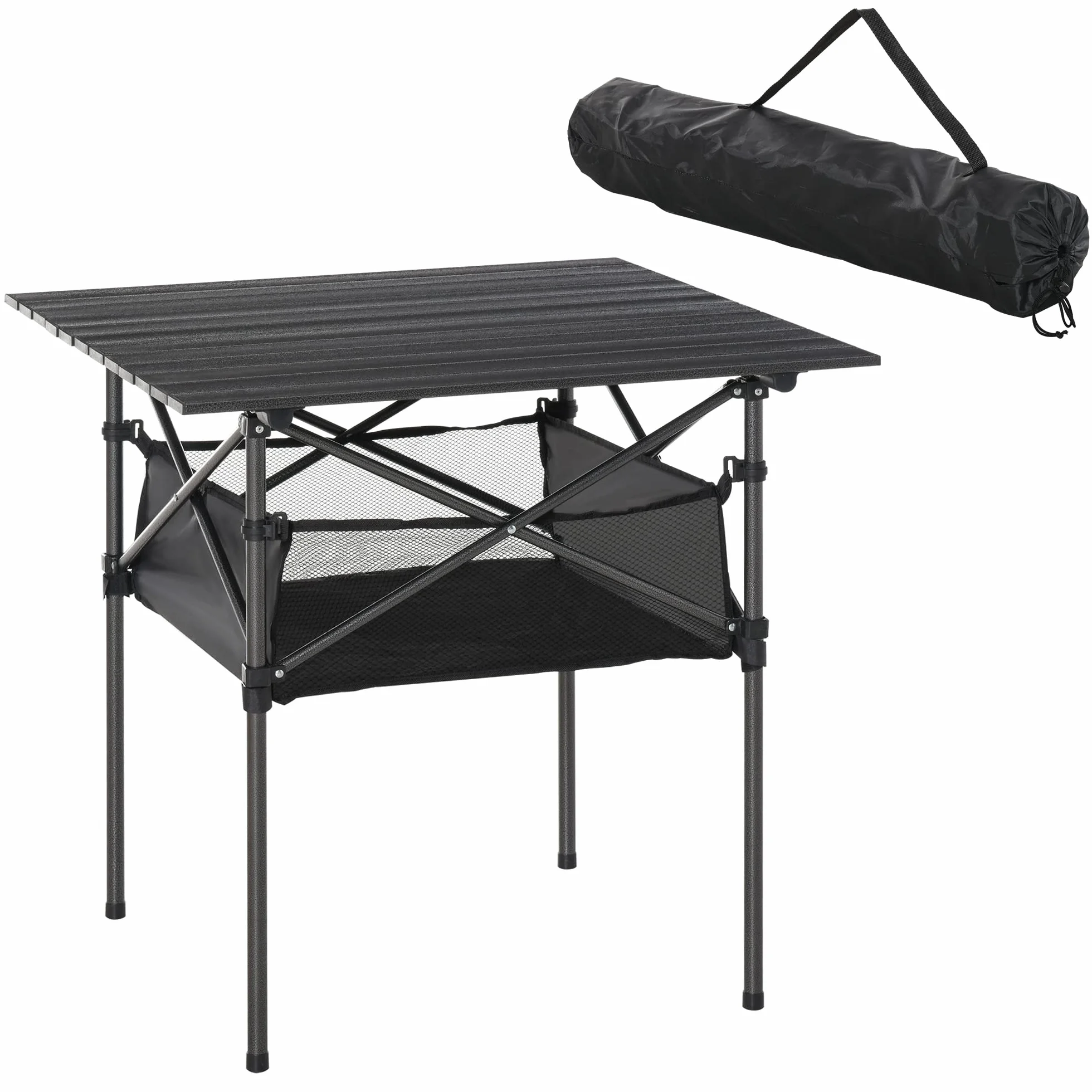 Outsunny Tavolo da Campeggio Picnic Pieghevole, Salvaspazio e Arrotolabile con Borsa da Viaggio, Nero 70x70x69cm