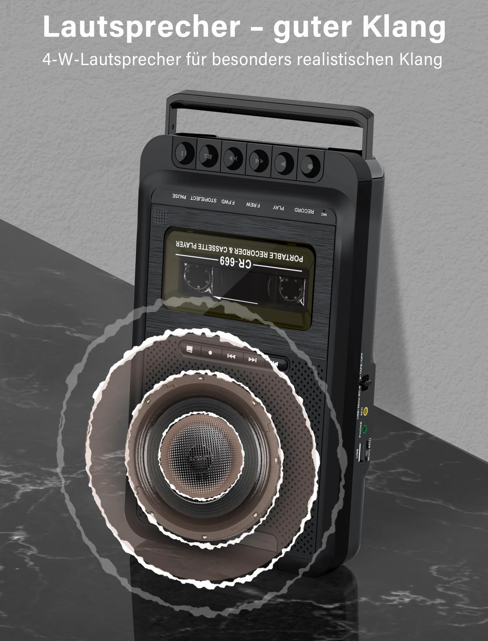 Lettore a cassette portatile con registrazione USB/SD e MP3, nero