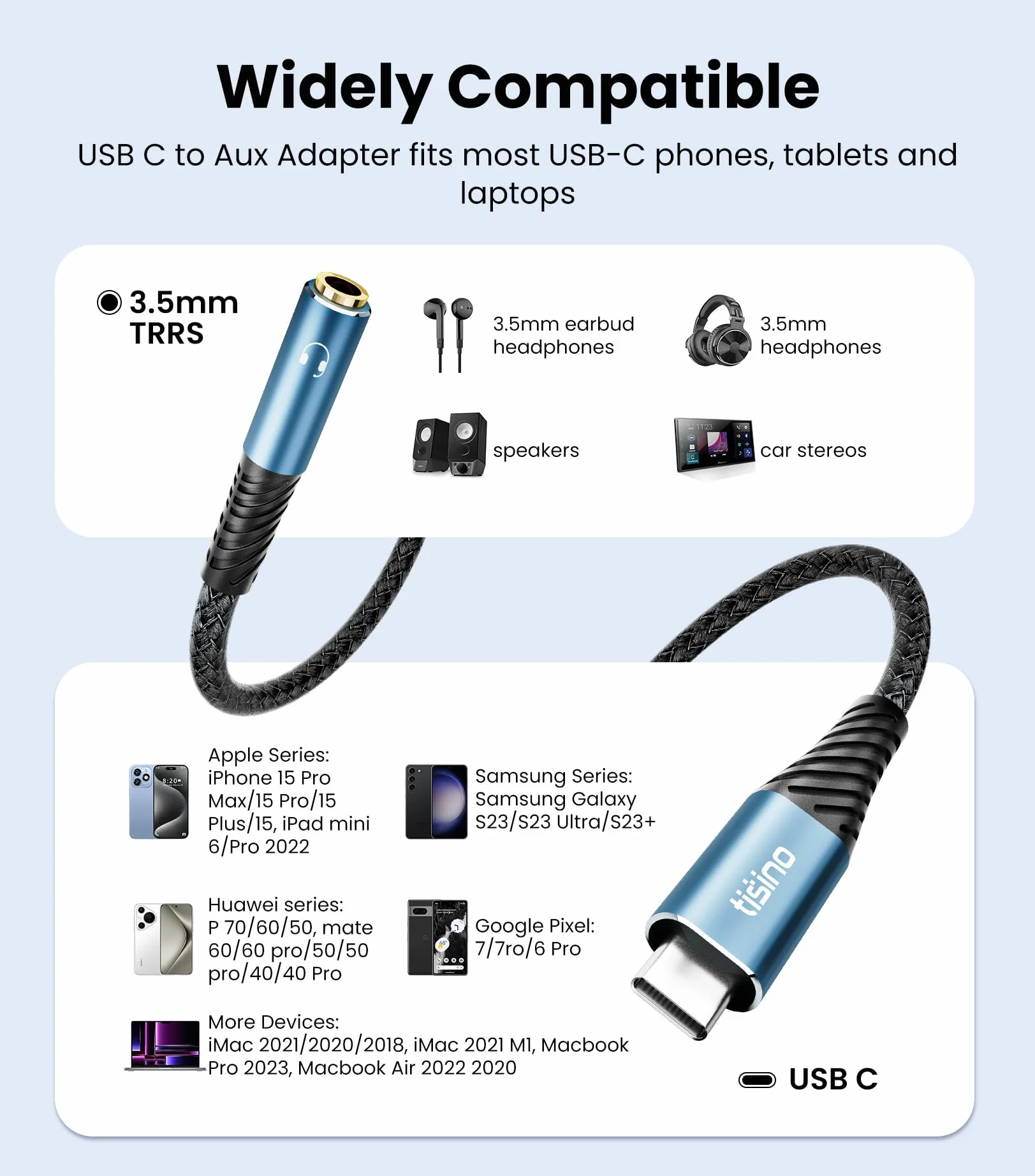 Tisino Adattatore da USB C a jack per cuffie TRS 3,5 mm (1 m) cavo USB C AUX femmina 384 kHz/32 bit per iPhone 16/15 Samsung S20/S20 Ultra Pixel 4/4XL