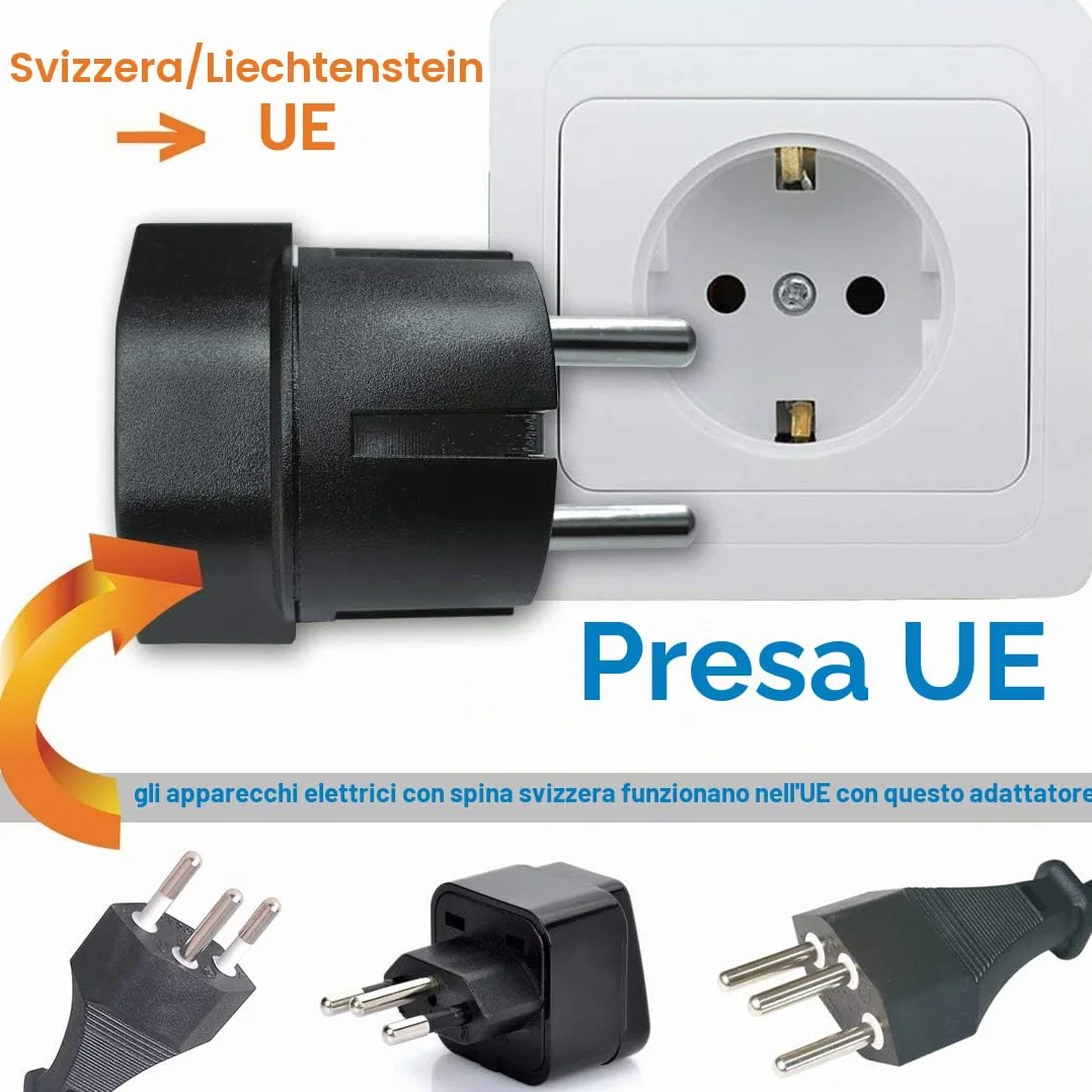 Spina Adattatore Svizzera/Liechtenstein a UE 3 pin a 2 pin per Presa DE FR IT ES Nero 1 Pezzo