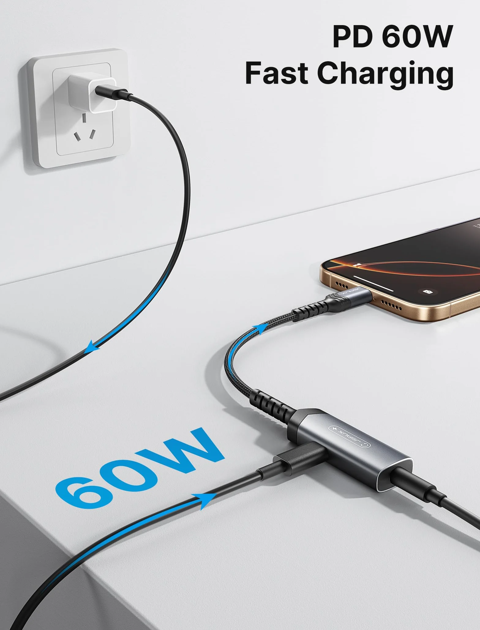 JSAUX Adattatore USB C a Jack 3,5mm con Ricarica PD 60W 2 in 1 DAC Hi-Res per Audio Aux con Microfono, Compatibile con iPhone 17/16/15, Galaxy S26/S25/S24, Pixel, iPad Pro/Air - Grigio