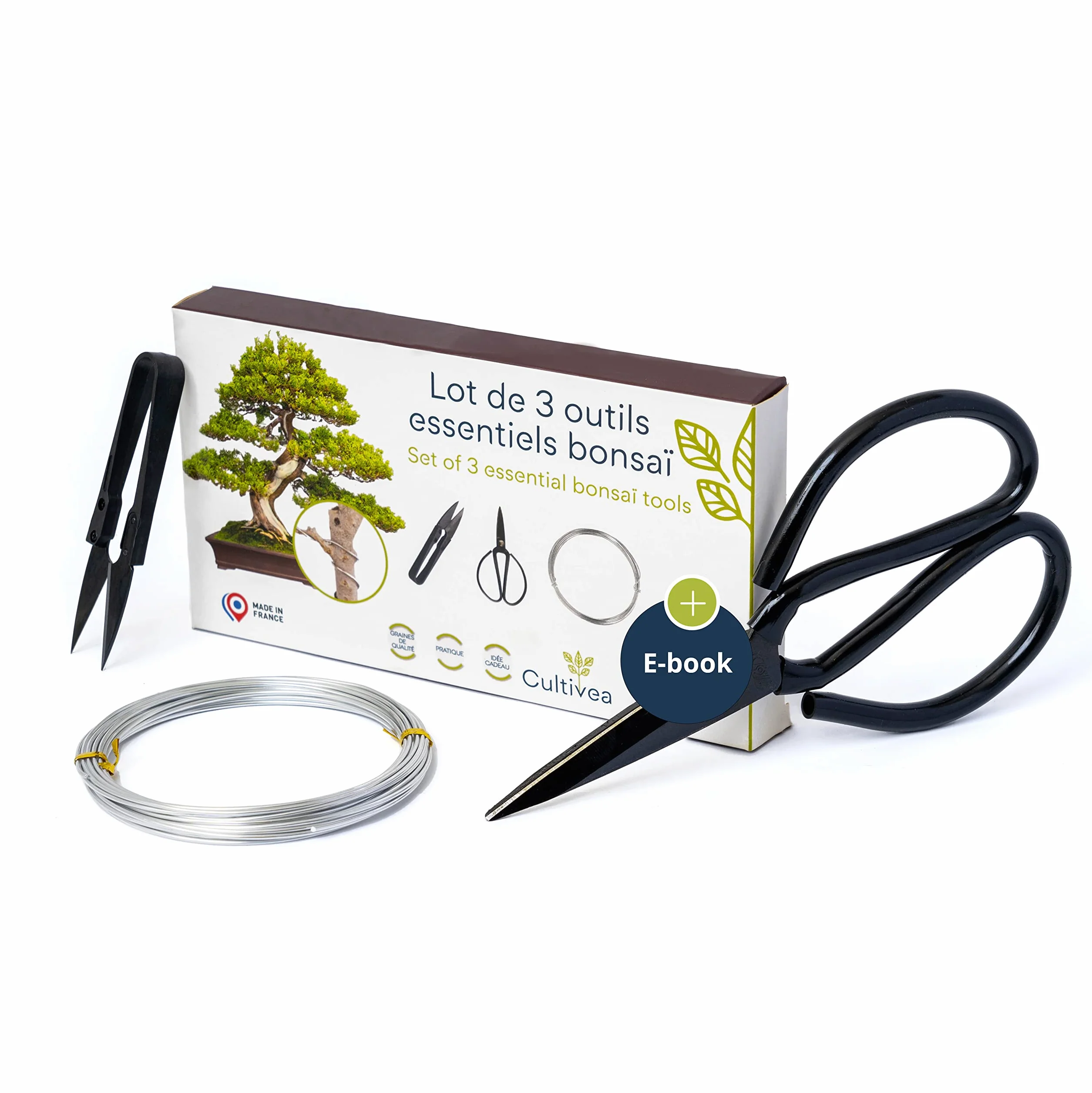 Cultivea® – Set di 3 Strumenti Essenziali per Bonsai - Strumento in Acciaio - Giardino - Cesoie e Cura delle Piante - Forbici Rotonde - Potatura - Filo di Alluminio
