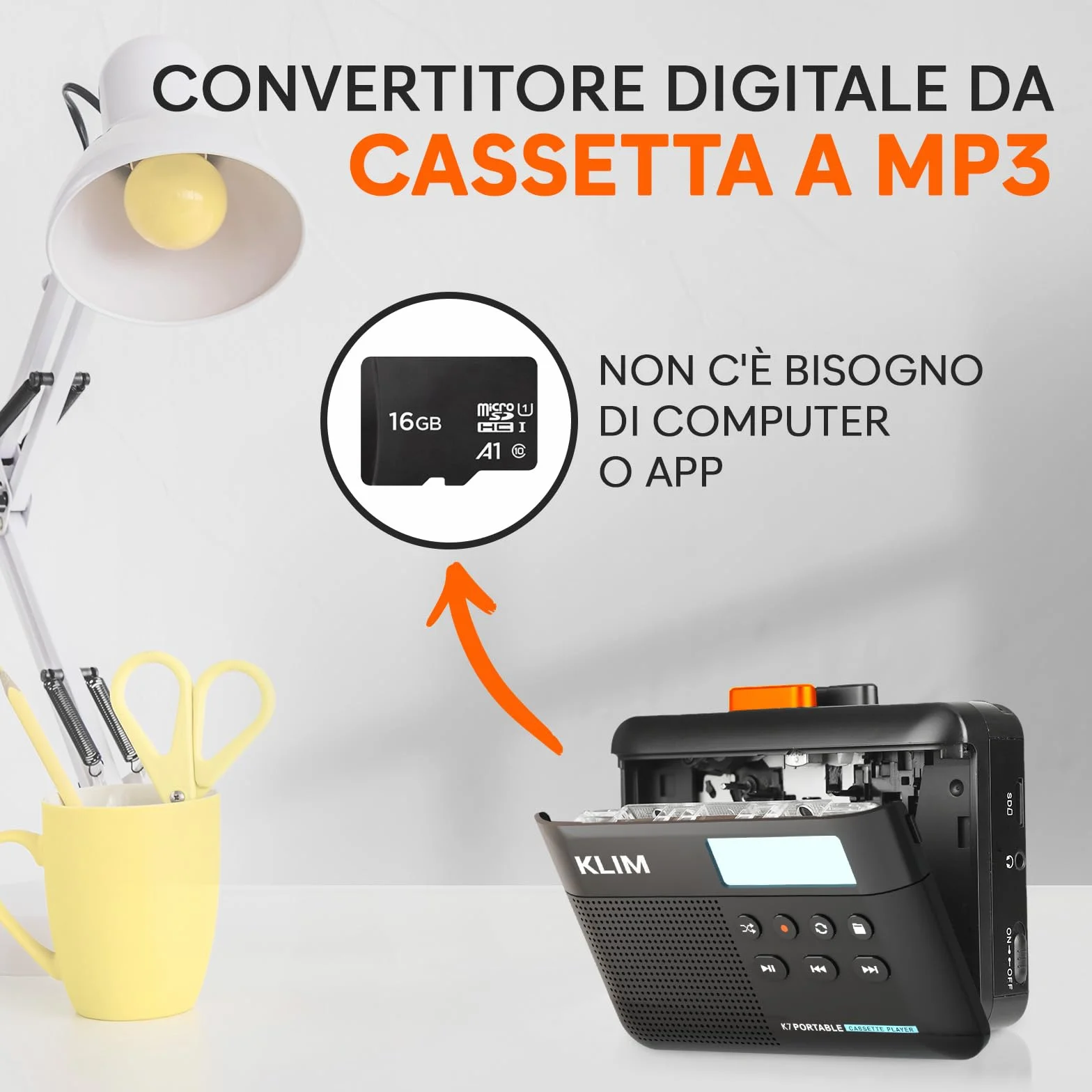 K7 Cassette Player MP3 Converter Portatile con Microfono e Altoparlante Incorporati Batteria Ricaricabile Auricolari Scheda SD 16 GB Nero Arancione