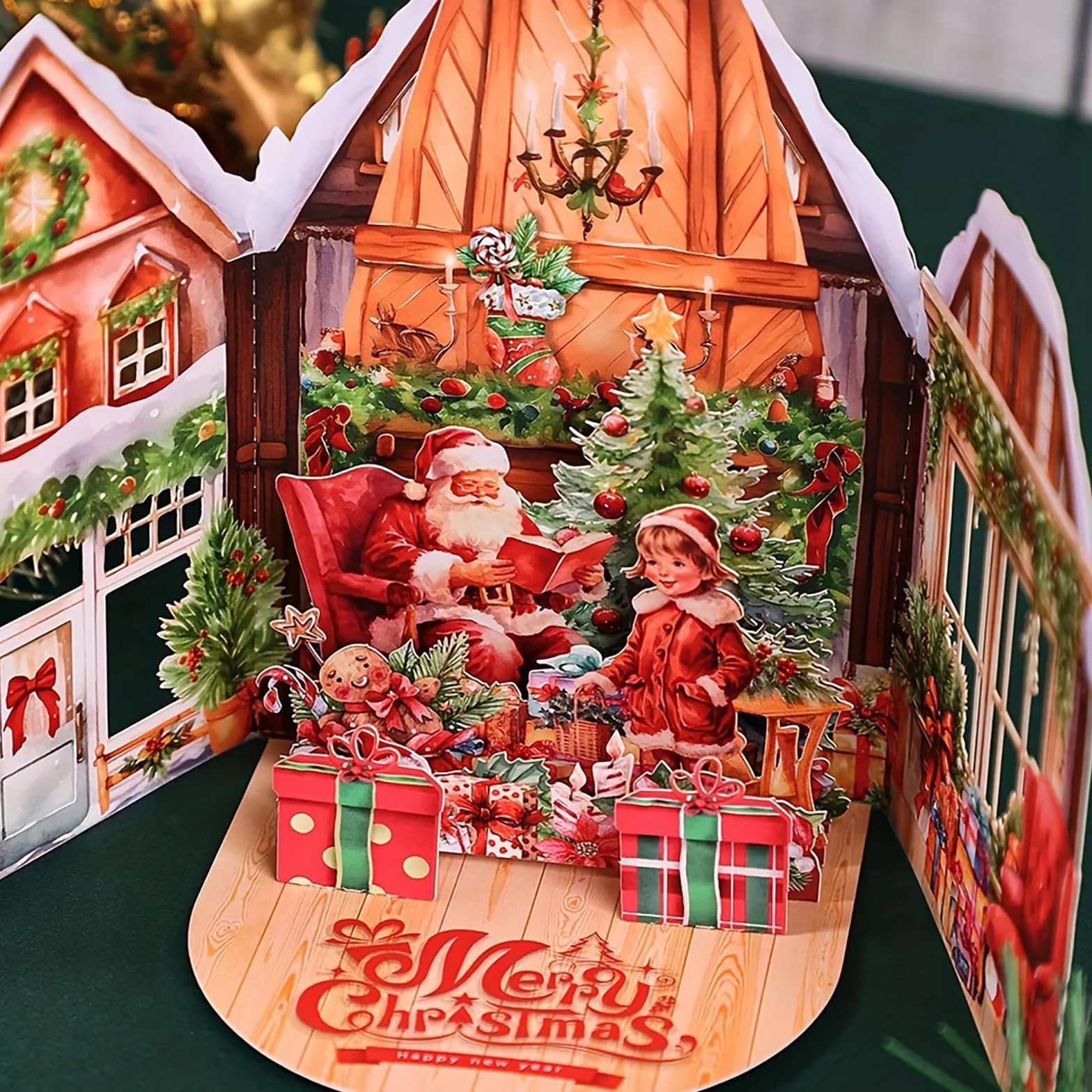 Biglietto di Natale 3D Pop Up, Cartolina Auguri con Busta, Babbo Natale e Bambina, Albero di Natale