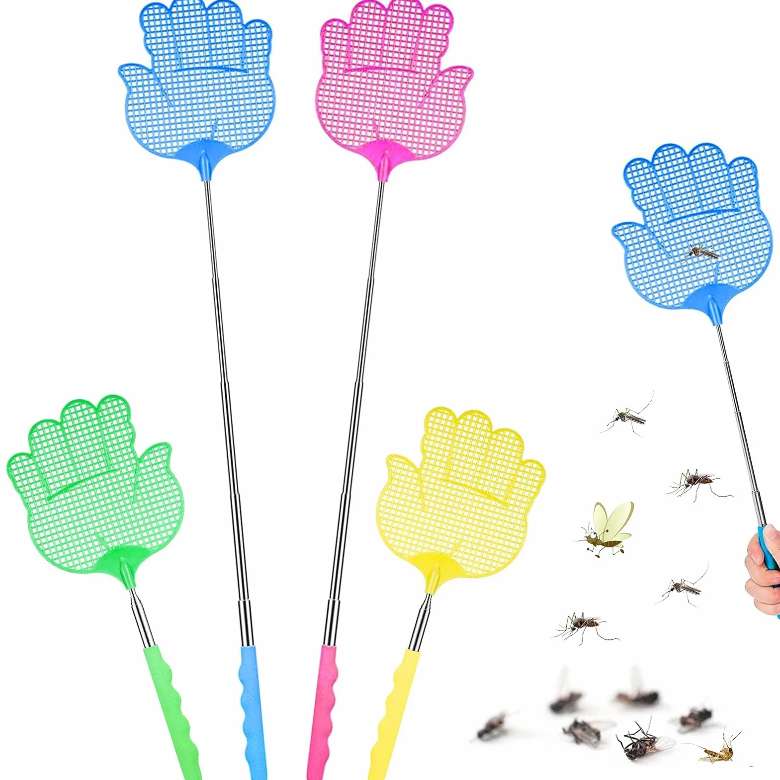 4Pezzi Scacciamosche Estensibile,Paletta Mosche,Portatile Scacciamosche Plastica,Scacciamosche Manuale con Flessibile Durevole Maniglia Telescopica in Acciaio Inox per Casa Mosche Zanzare Insetti