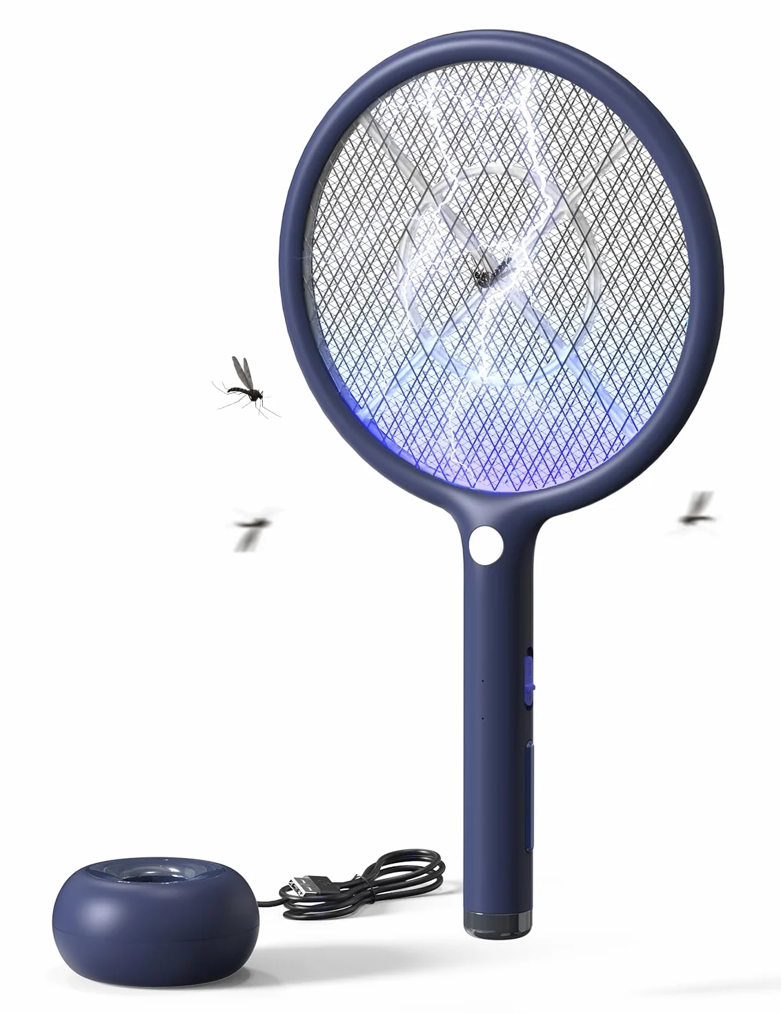 AROEVE Racchetta Zanzare Elettrica, 2-in-1 Racchetta Zanzare, 4000V, Base di Ricarica USB, Batteria Ricaricabile da 1200mAh, Modalità di Attrazione Auto, Luce LED, Protezione a 3 Strati,Blu