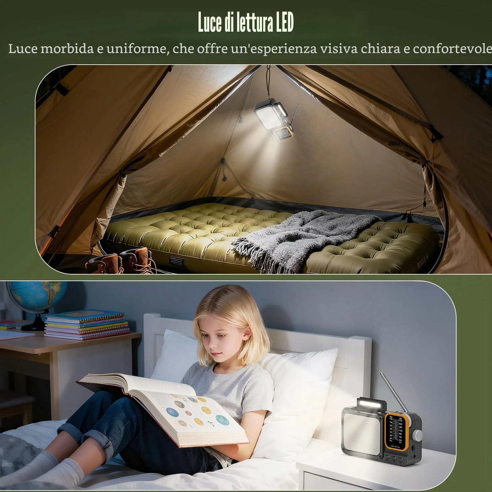 Tendak Radio Portatile FM/AM Ricaricabile 2400mAh Bluetooth Luce Lettura TF