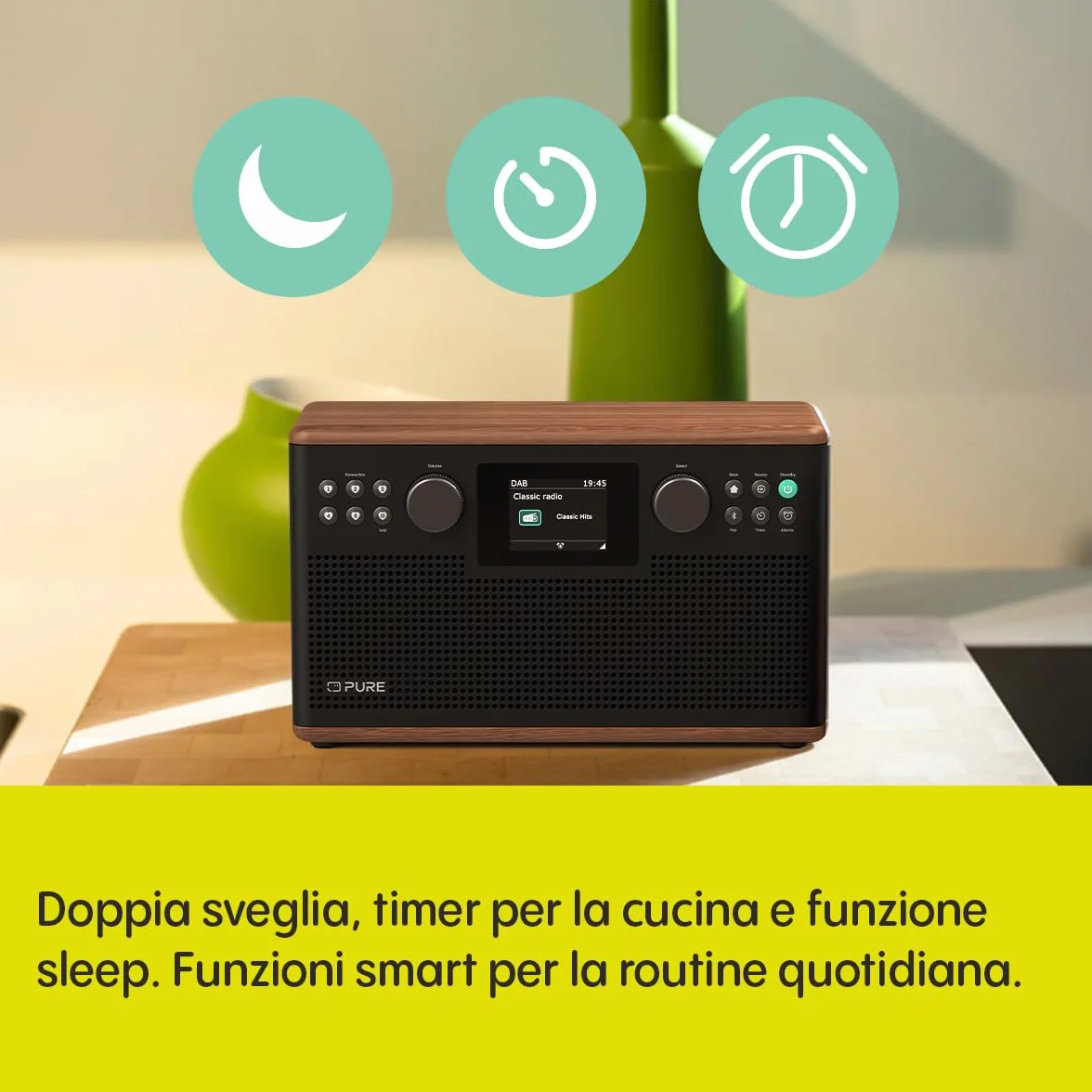 Pure Classic H6 Radio Estéreo Digital con DAB+, FM, Bluetooth 5.3, Pantalla TFT 2,4", 2×15 W, Marrón Café/Nogal