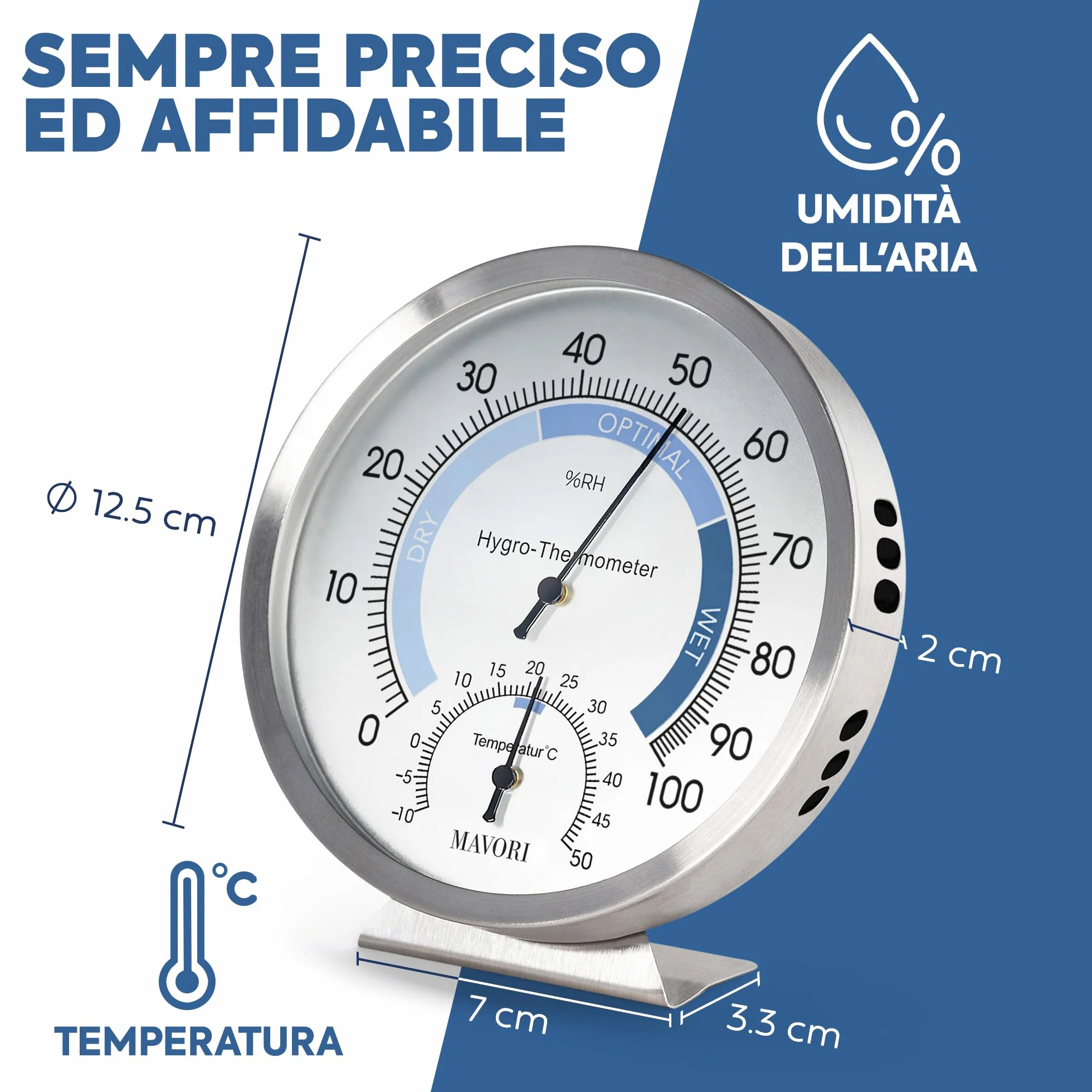 Igrometro analogico e termometro da interno 2 in 1 acciaio inox Ø 12,5 cm